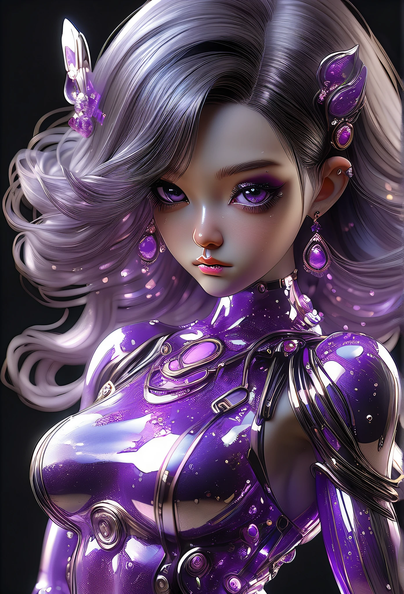  sexy female character kawaii with  (( purple semitransparent silk costume with kawaii jewelry with straps and straps ,sexy,Busty doll ,Exaggerated art   ,   dazzling skin   ,anime art,   ultra realistic  ,Eyes of God , Thick lips, symmetrical pose ,   shy expression  ,pose ,  Photorealistic ,delicate lips  ,retrato, glitter on clothes  ,(3d  ultra realistic )  realistic texture 