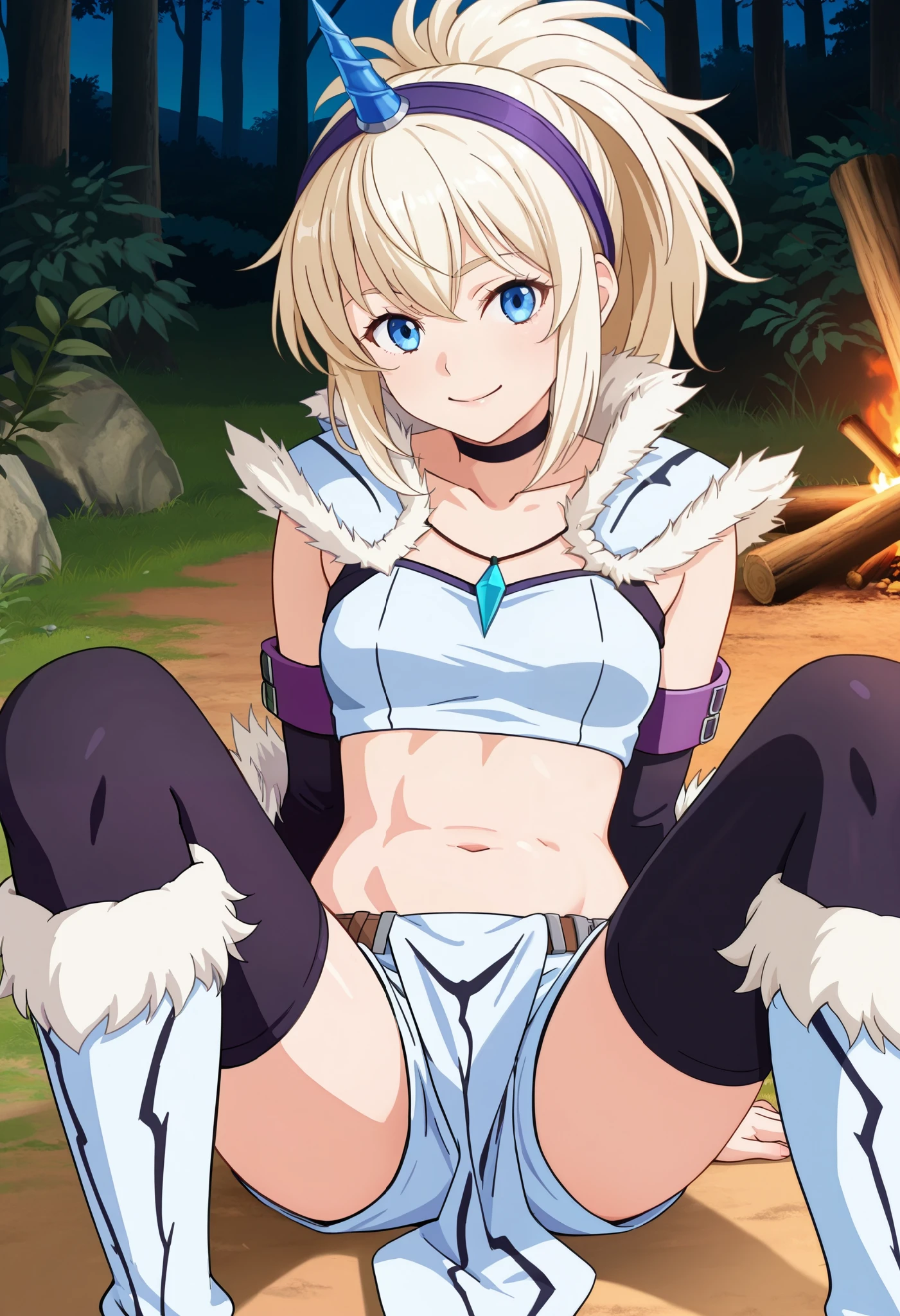 (score_9:0.9),score_8_up,score_7_up,rating_explicit,anime_style,(zPDXL),kirin beta armor,purple_single_horn_hairband,white detached sleeves,BLAKE,ung_girl,solo,blue eyes,looking at viewer,sitting,smile,plain_background,medium breasts,,closed mouth,collarbone,white bandeau,white loincloth,white_knee_boots, camp, campdire,black_knee_highs ,white_tubetop,open_legs,(abs:0.7),(white_spiky_hair:1.4),white_chest_armor,white_fur_waste_armor,white_very_short_shorts