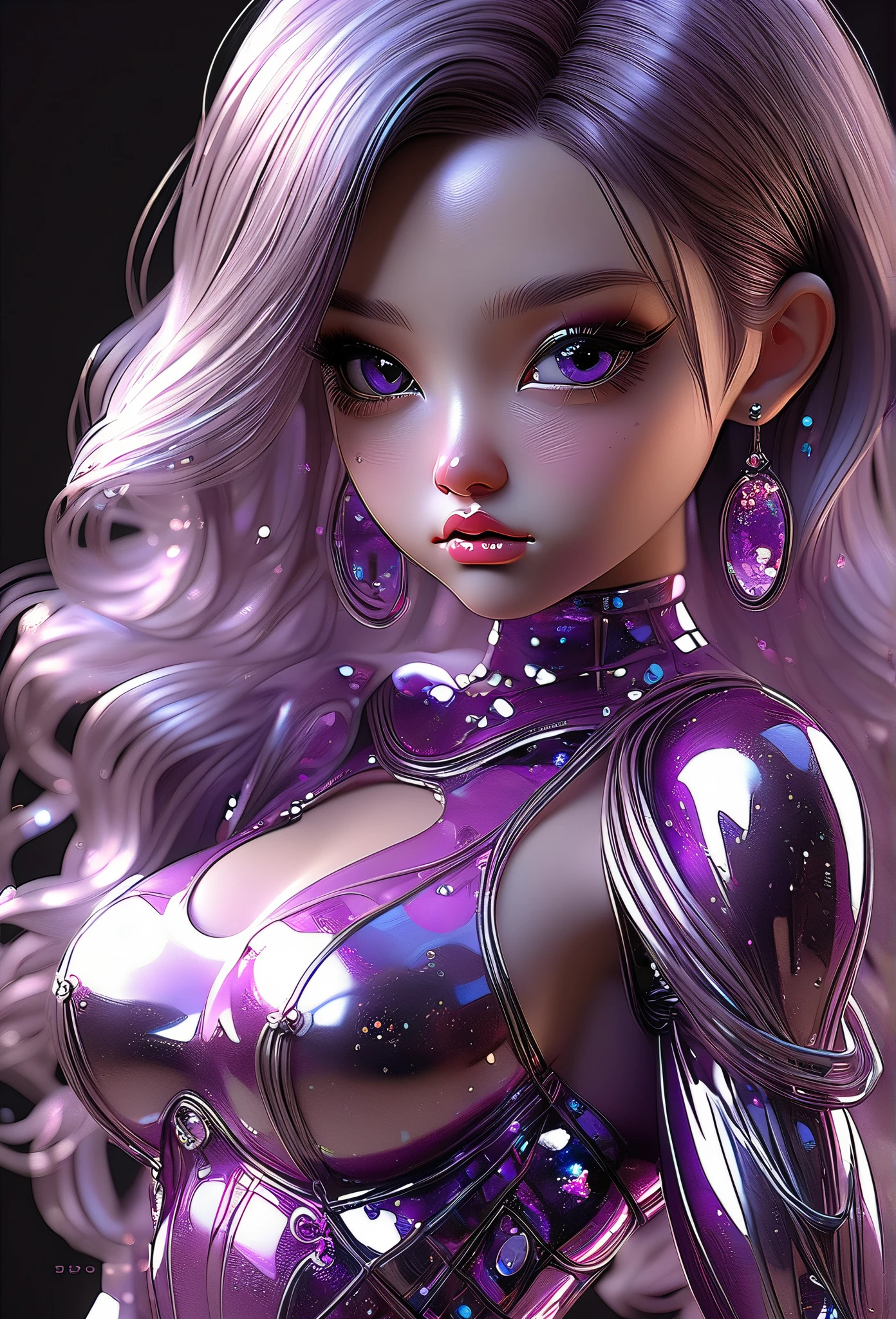  sexy female character kawaii with  (( purple semitransparent silk costume with kawaii jewelry with straps and straps ,sexy,Busty doll ,Exaggerated art   ,   dazzling skin   ,anime art,   ultra realistic  ,Eyes of God , Thick lips, symmetrical pose ,   shy expression  ,pose ,  Photorealistic ,delicate lips  ,retrato, glitter on clothes  ,(3d  ultra realistic )  realistic texture 
