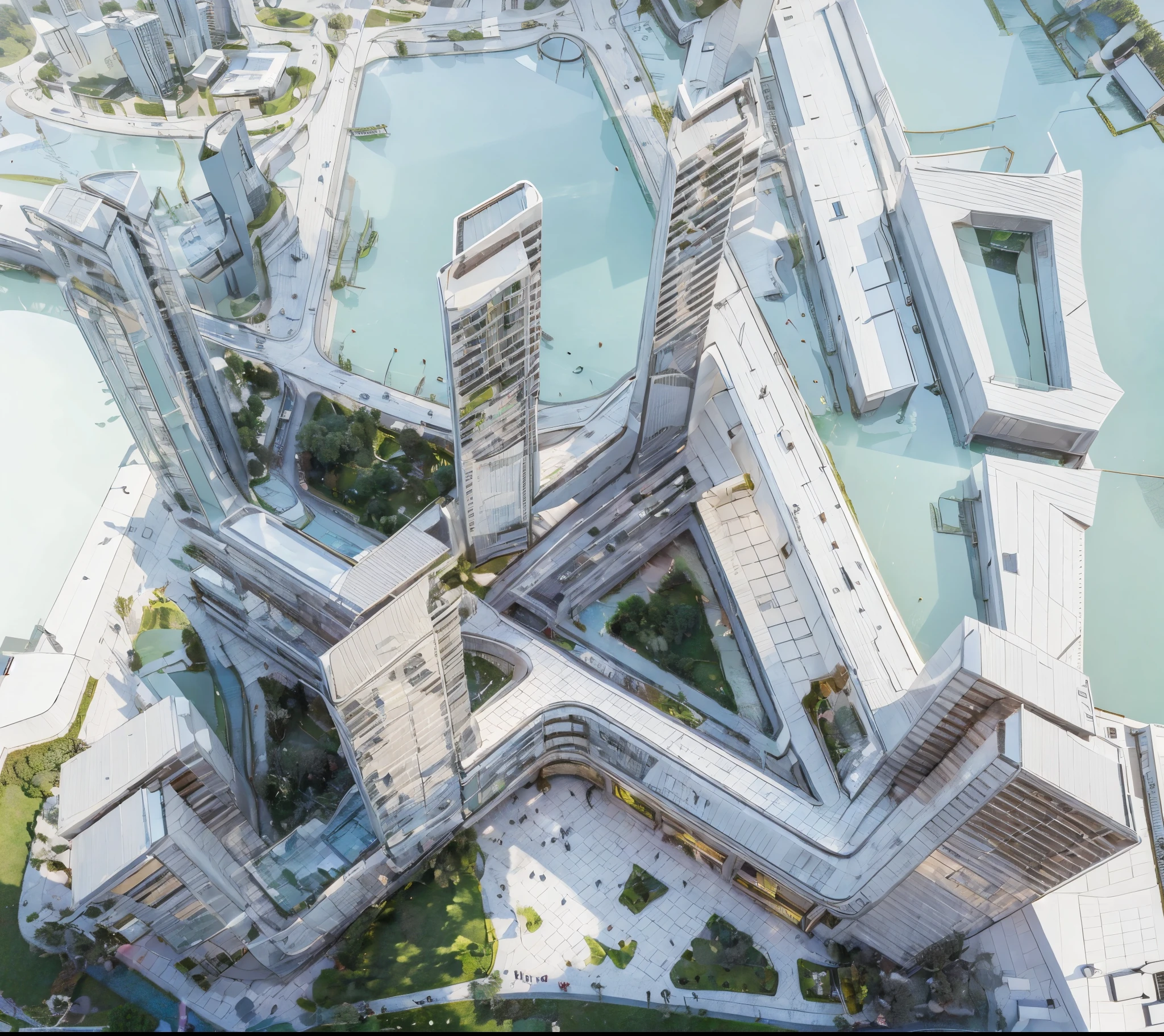 High-angle, architectural rendering of a futuristic city model.  Multiple, tall, slender, white skyscrapers with evenly spaced horizontal bands are arranged in a complex, interconnected pattern.  Interconnecting pathways and plazas are featured.  Small, stylized patches of muted green foliage are visible within the spaces between the buildings and pathways, creating a sense of urban landscaping.  The color palette is primarily comprised of various shades of white, with subtle, light greenish-gray accents for the foliage.  The lighting suggests an overcast or diffused light source, casting soft shadows and creating a neutral, serene atmosphere. The composition is meticulously detailed, showcasing intricate design elements and conveying a sense of advanced urban planning.  The perspective is a bird's-eye view, emphasizing the layout and interconnectivity of the structures.  The texture of the buildings suggests a smooth, modern material. The style is contemporary and minimalist, with a focus on geometric forms and spatial relationships.  The overall mood is serene, clean, and futuristic, projecting an image of innovation and sophisticated design.  Architectural model style, clean lines.