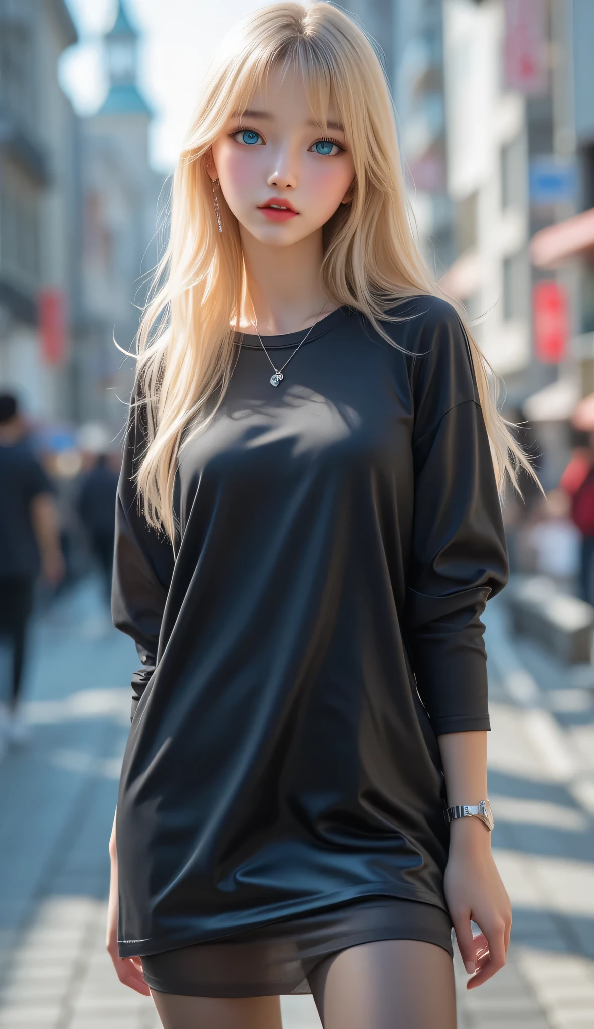 hyperrealistic beautiful busty 18-year-old women with long legs wearing geo-patterned turtleneck shirt and faux leather jeans, model shooting full body photography, natural blonde long straight ponytail, dark eye makeup with eyeliner, seductive smile, small necklace, 8K, Best quality, Meisterwerk, ultra high resolution, (Realismus: 1.4), Originalfoto, (realistische Hautstruktur: 1.3), (Filmkorn: 1.3), (Selfie-Winkel), 1 girl, Beautiful round hazel eyes and facial details, Meisterwerk, Best quality, posing outdoor next to a tree