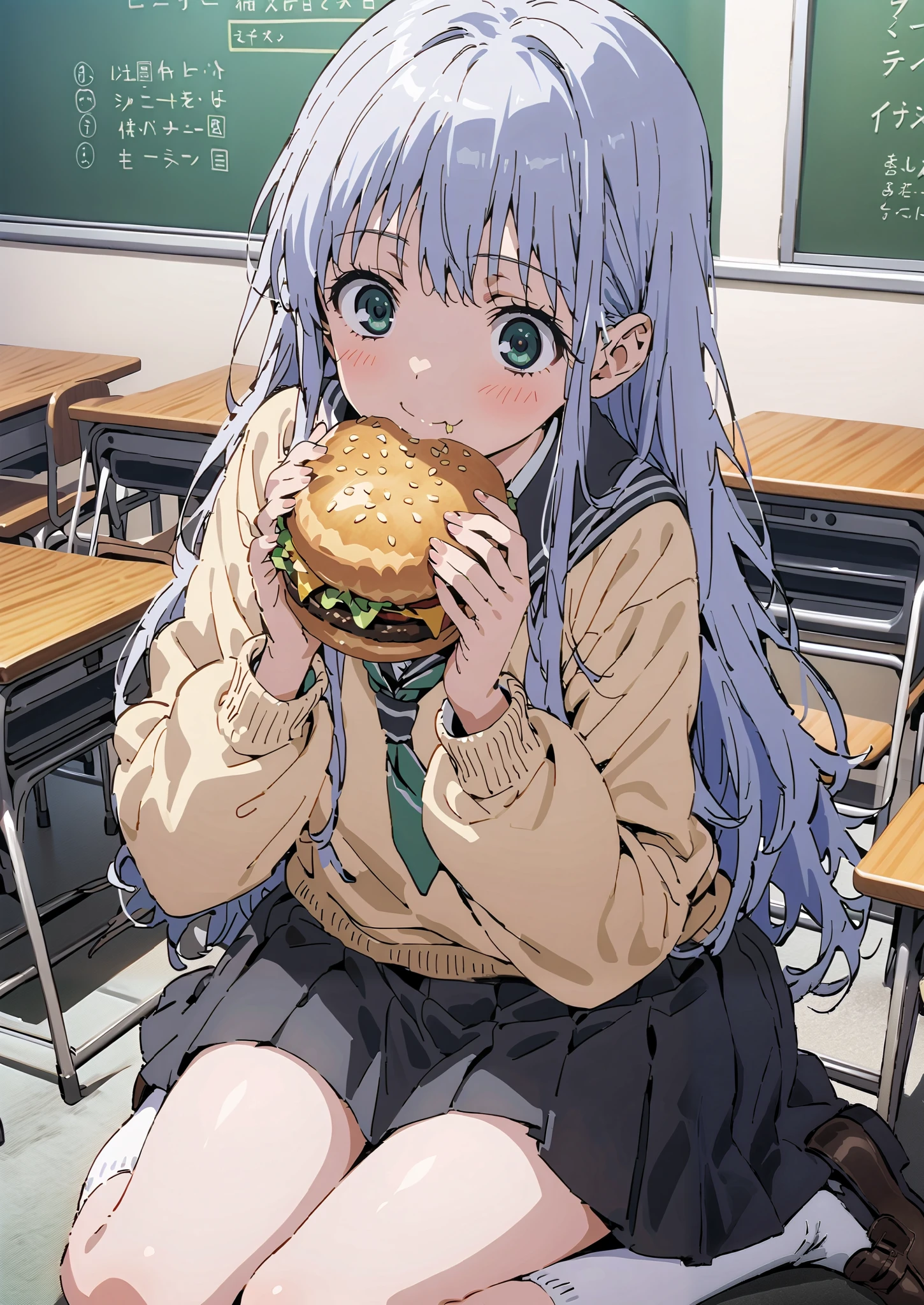 Prohibited bibliography, both eyes, Silver Hair, long hair, smile,blushes,Black sailor suit, yellow cardigan ,black pleated skirt,white high socks,loafers,chairsに座っている, holding a hamburger with both hands,eating hamburger,noon,machine, blackboard ,chairs,full bodyがイラストに入るように,break indoors,classroom,
full body,
break (masterpiece:1.2),top quality , kampala, Unity 8K Wallpaper ,(shape:0.8),It's a person ,full body写真,CG Details , (perfect hands,complete anatomy),