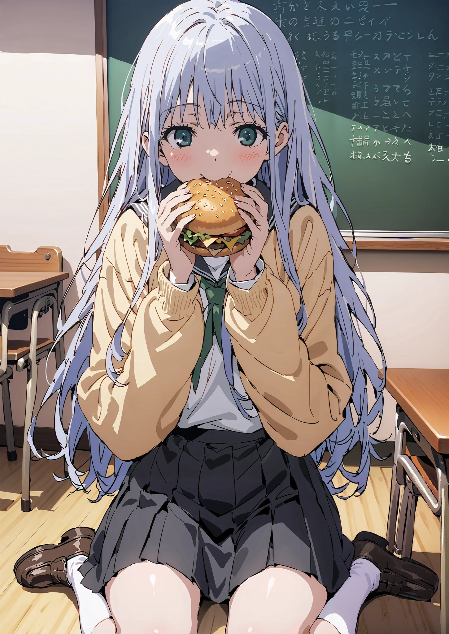 Prohibited bibliography, both eyes, Silver Hair, long hair, smile,blushes,Black sailor suit, yellow cardigan ,black pleated skirt,white high socks,loafers,chairsに座っている, holding a hamburger with both hands,eating hamburger,noon,machine, blackboard ,chairs,full bodyがイラストに入るように,break indoors,classroom,
full body,
break (masterpiece:1.2),top quality , kampala, Unity 8K Wallpaper ,(shape:0.8),It's a person ,full body写真,CG Details , (perfect hands,complete anatomy),