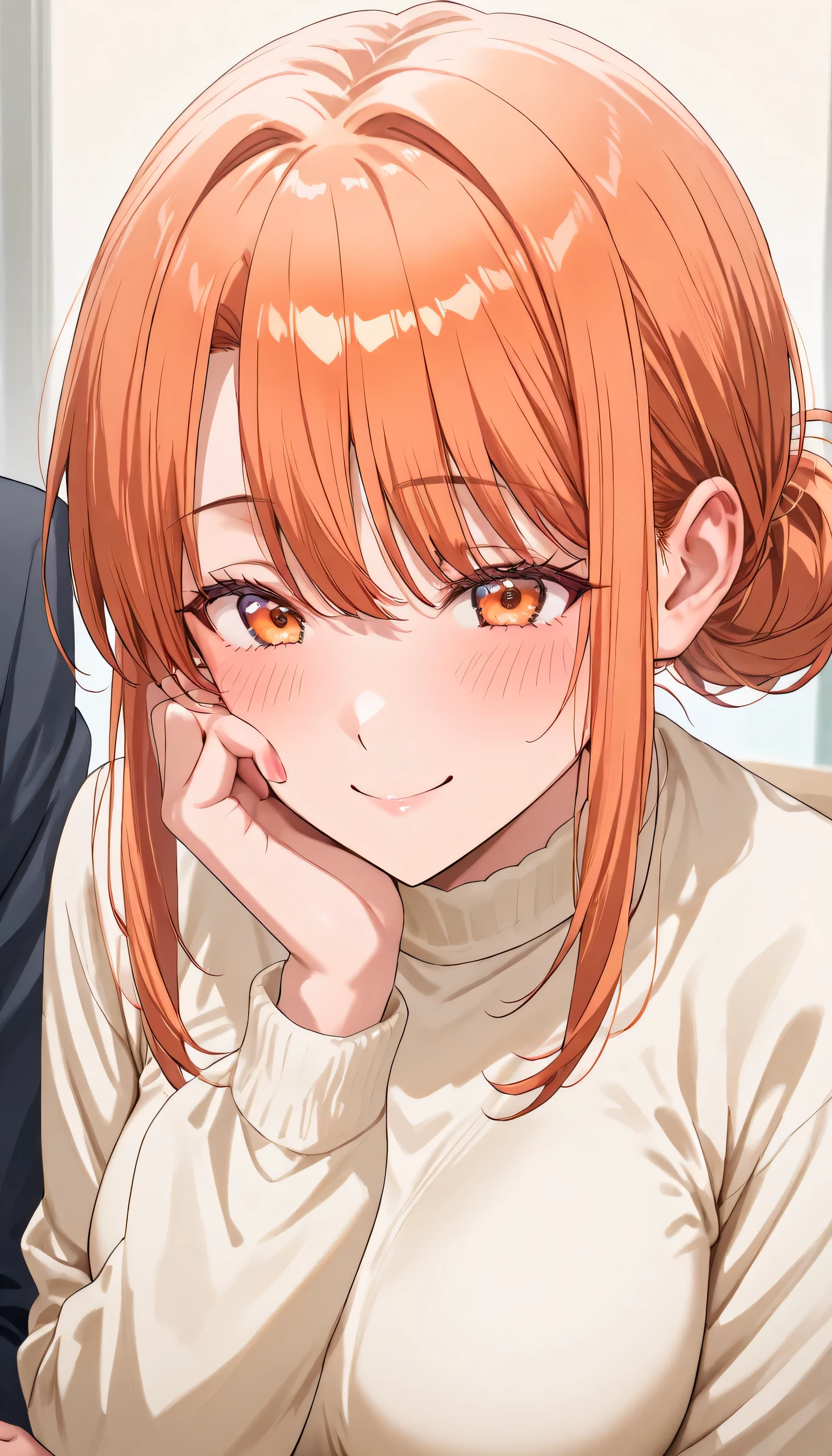very cute face、((( top quality))), ( details), 8k ,1 person ,perfect anatomy, yuigahama_mother_a,orange hair, hair bun, single hair bun, sidelocks, bangs, orange eyes, mature female,