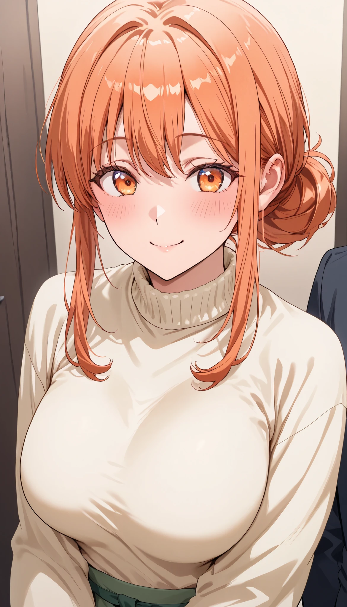 very cute face、((( top quality))), ( details), 8k ,1 person ,perfect anatomy, yuigahama_mother_a,orange hair, hair bun, single hair bun, sidelocks, bangs, orange eyes, mature female,