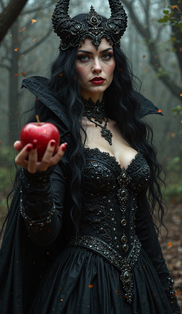 title: "Forbidden Fruit: A Dark Romance Tale"
artist: ((Master Artist: 1.4))
genre: Dark Romance
composition: 1:1.6
subjects: 1 short, skinny, sexy witch woman with purple hair, 1 man in a groom suit tuxedo
 Style: ((Stylized Cover Art: 1.5))
 description:
This alluring book cover grabs the audience's attention with its captivating scene. In the foreground, a seductive witch woman, dressed in a revealing gown and adorned with purple curls, holds an enticing apple, her seductive gaze locked on