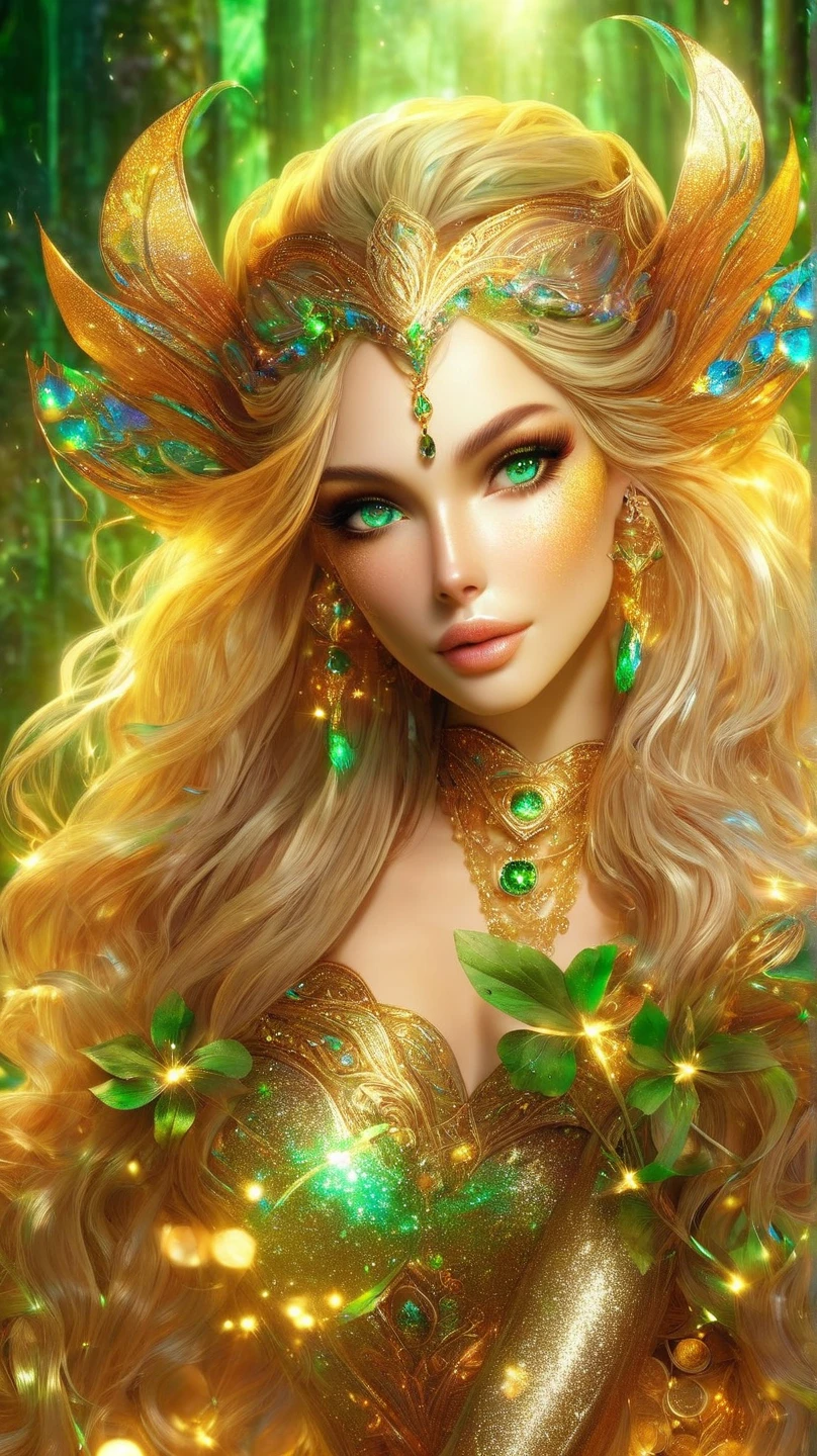 an elven enchantress with  waves of Golden hair that seem to shimmer like silken Dawn . Her piercing emerald eyes  reflecting her extraordinary magical abilities. She possesses an exquisite yet agile figure, gracefully navigating the space around her. Unnaturally beautiful, with very large breasts. dressed in a gossamer green gown.