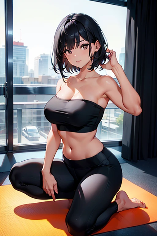 (masterpiece), best quality, highly detailed faces, (SHARP details), 4k, highly detailed, expressive eyes, SHARP detail expressive eyes, (SHARP detail perfect face), ((dark skin)), (bunny ears), (viera), ((black hair)), (choker) amber eyes, ponytail, wild tomboy hair, (huge breasts), smiling, standing, 20 years old, ((wearing tight yoga pants)), ((solo)), nice hips, tall woman, bedroom, bed, windows, modern interior, ((cameltoe)), midriff, big ass, crotch focus, ((sweat)), cleavage, sloppily dressed, midriff, tank top,