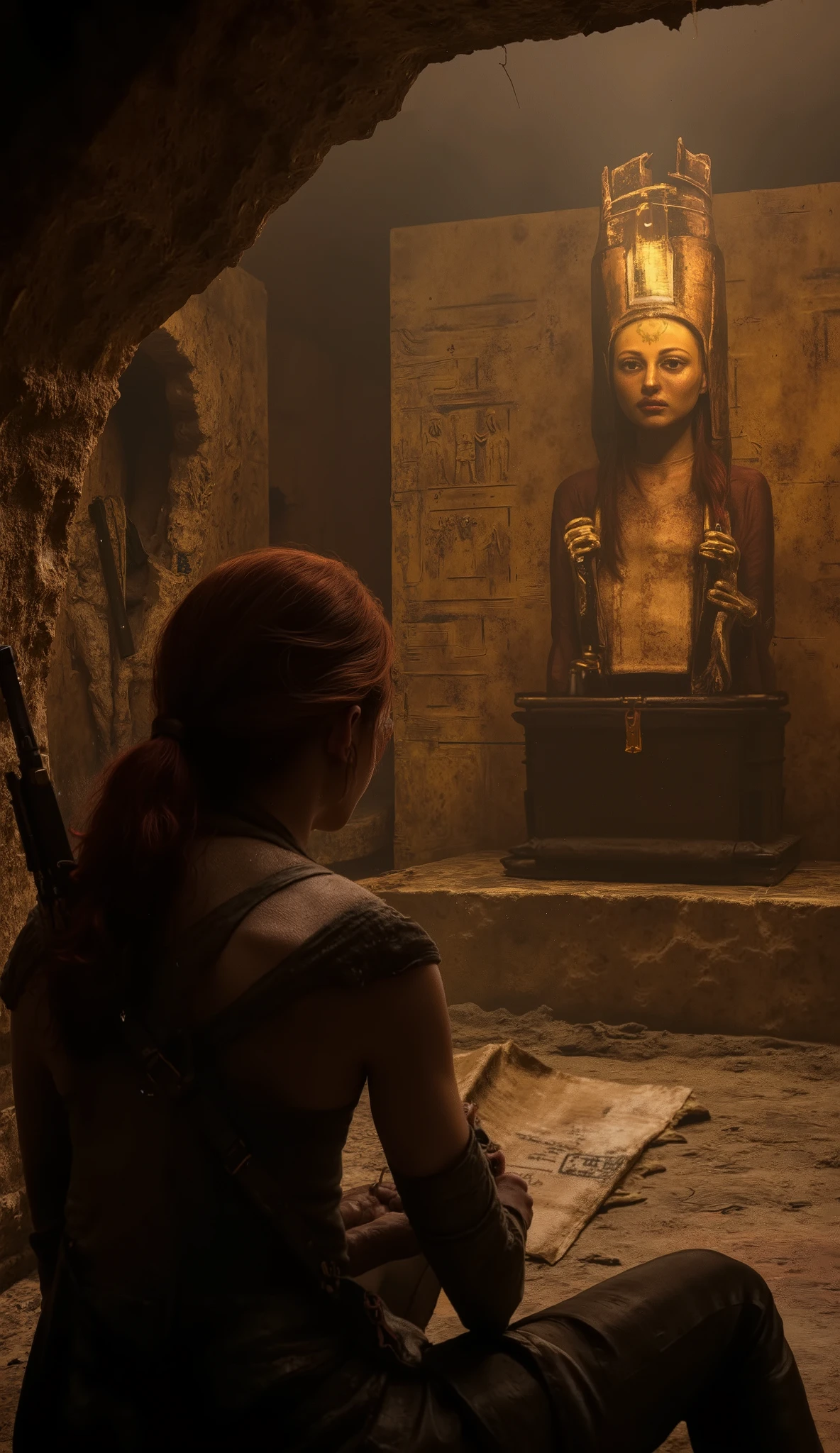 (best quality, 128k,highres,masterpiece:1.2),ultra-detailed,(realistic,photorealistic,photo-realistic:1.37), ((masterpiece)) ((photography)) ((Highest quality)) Highly detailed digital painting. A red-haired woman dressed in Lara Croft-style explorer attire hides behind an ancient treasure chest inside a dimly lit Egyptian temple. She grips a weathered parchment in one hand and a pistol in the other, her gaze locked on a massive golden statue of Anubis in the distance. The statue glows under flickering torchlight, surrounded by ominous, shrouded mummies standing watch. The atmosphere is tense, dust particles floating in the air, and the cracked stone walls are adorned with hieroglyphs. Shadows dance, hinting at the unknown dangers lurking within the temple's depths.