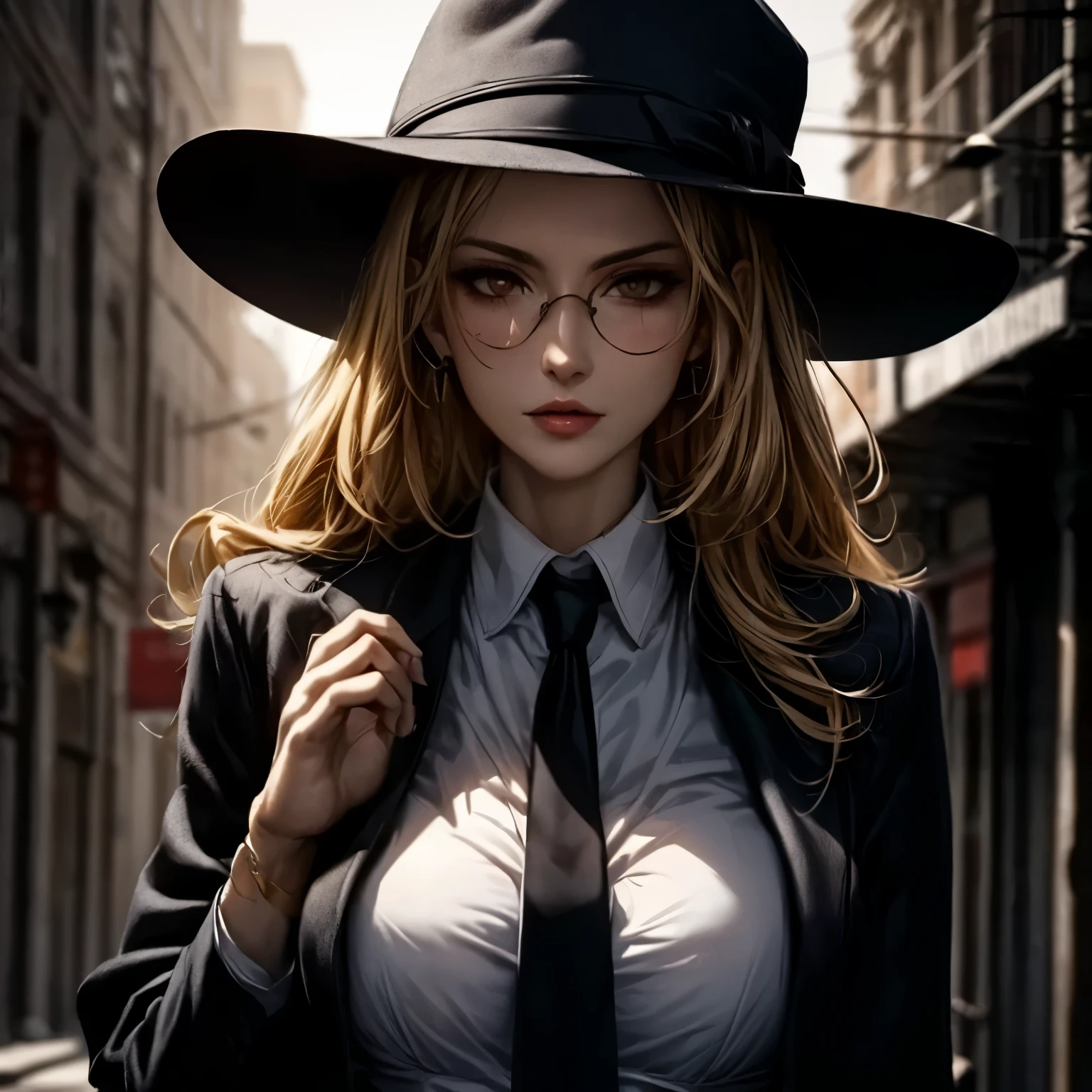 ((best quality)), ((Masterpiece)), ((Enrich the picture,Masterpiece level quality)), golden hair, long hair, very big breasts, golden eyes, fierce woman, ultra eyes details, mafia boss, best quality, RAW 4K, Realistically, ( cinematic lighting, moody, textile shading), perfect proportions, ultra detailed, volumetric lighting, soft lighting, glossy skin, beautiful face, Special face details, strong emotions, elegant gesture, Detailed facial features, Long eyelashes, contrast, Incredible atmosphere, Fascinating setting, Haunting beauty , mini white shirt , mafia suit , necktie , mini black skirt , street fashion, sunglass, mafia hat,