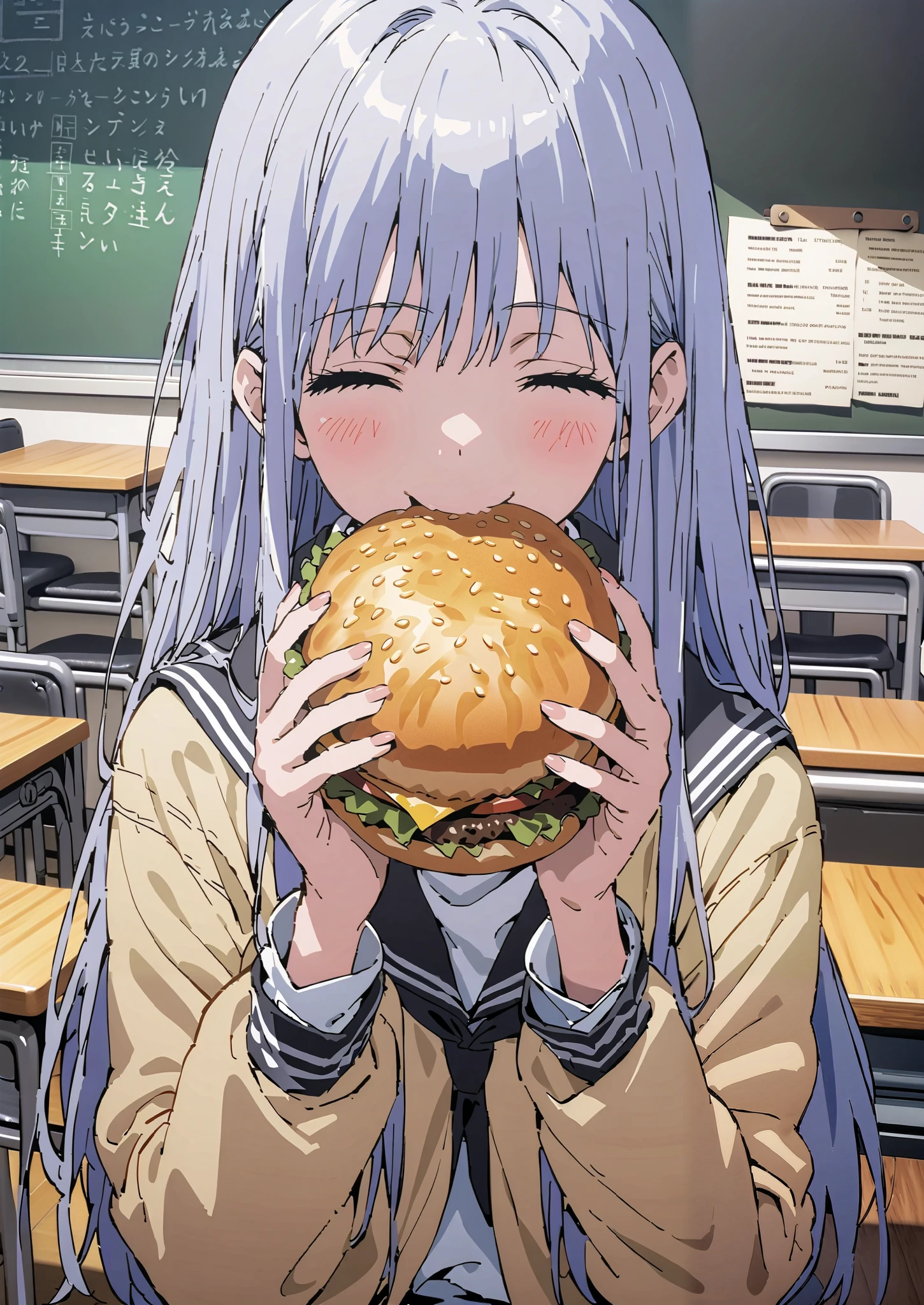 Prohibited bibliography, both eyes, Silver Hair, long hair, smile,blushes,Black sailor suit, yellow cardigan ,black pleated skirt,white high socks,loafers,chairsに座っている, holding a hamburger with both hands,eating hamburger,noon,machine, blackboard ,chairs,full bodyがイラストに入るように,break indoors,classroom,
full body,
break (masterpiece:1.2),top quality , kampala, Unity 8K Wallpaper ,(shape:0.8),It's a person ,full body写真,CG Details , (perfect hands,complete anatomy),