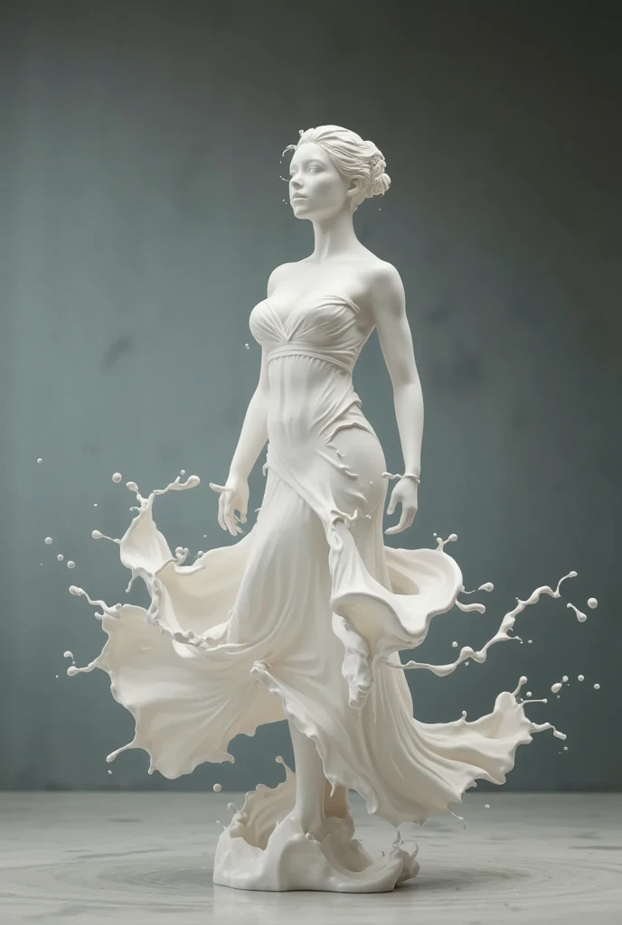 "A detailed 3D rendering of a sculpture based on the provided sketch. The sculpture features an elegant woman with nine-heads proportion, standing gracefully on one leg. Her right arm is raised high, holding a small wreath about the size of her head. Her left arm is naturally down by her side. She is wearing a long flowing dress with soft lines and folds, reaching just above her ankles, revealing her lower legs and bare feet. The dress resembles the simple design in the sketch, with a tank top style upper part. Her head is slightly raised, with short curly hair, and she has a hopeful smile on her face. The base of the sculpture is a large flower with six petals spread out, supporting the statue. The surroundings include a blue background resembling a water pool with many floating white petals, creating a tranquil and harmonious atmosphere. The entire sculpture and its base are in black and white tones, with detailed lines and shadows to give it a three-dimensional effect. The sculpture is made of smooth marble, giving it a polished and refined look. Please ensure to capture the intricate details and proportions as shown in the sketch. The perspective is a left-side view of the sculpture, slightly above eye level, looking across at the sculpture."