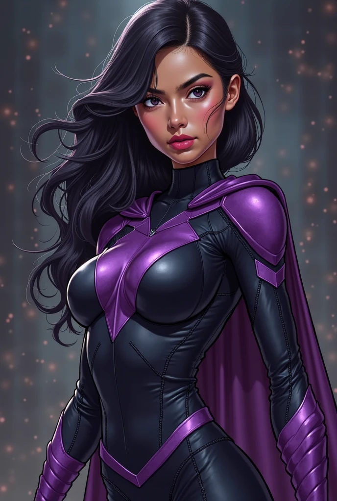 A girl with black hair Heroine, with light blue eyes, white, her costume is blue and violet, no cape, a headband is described by her power of telepathy and passing through walls the character must be. Created full body