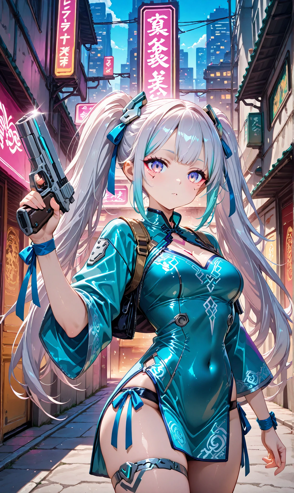 (Perfect Anatomy)、masterpiece、super high quality、 8K、Realistic、masterpiece、Highest quality、Ultra-high resolution、Maximum resolution、Very detailed、Professional Lighting、anime、Adult female、thin、so beautiful、Very detailedな目、Draw the whole body、China dress、he has a gun、Holding a handgun in both hands、Yellow Eyes、Blue Hair、Long Wavy Hair、Earrings、Fingerless gloves、Tactical Boots、Equipped with transparent orange sunglasses、Equipped with a chest rig、Fearless Smile