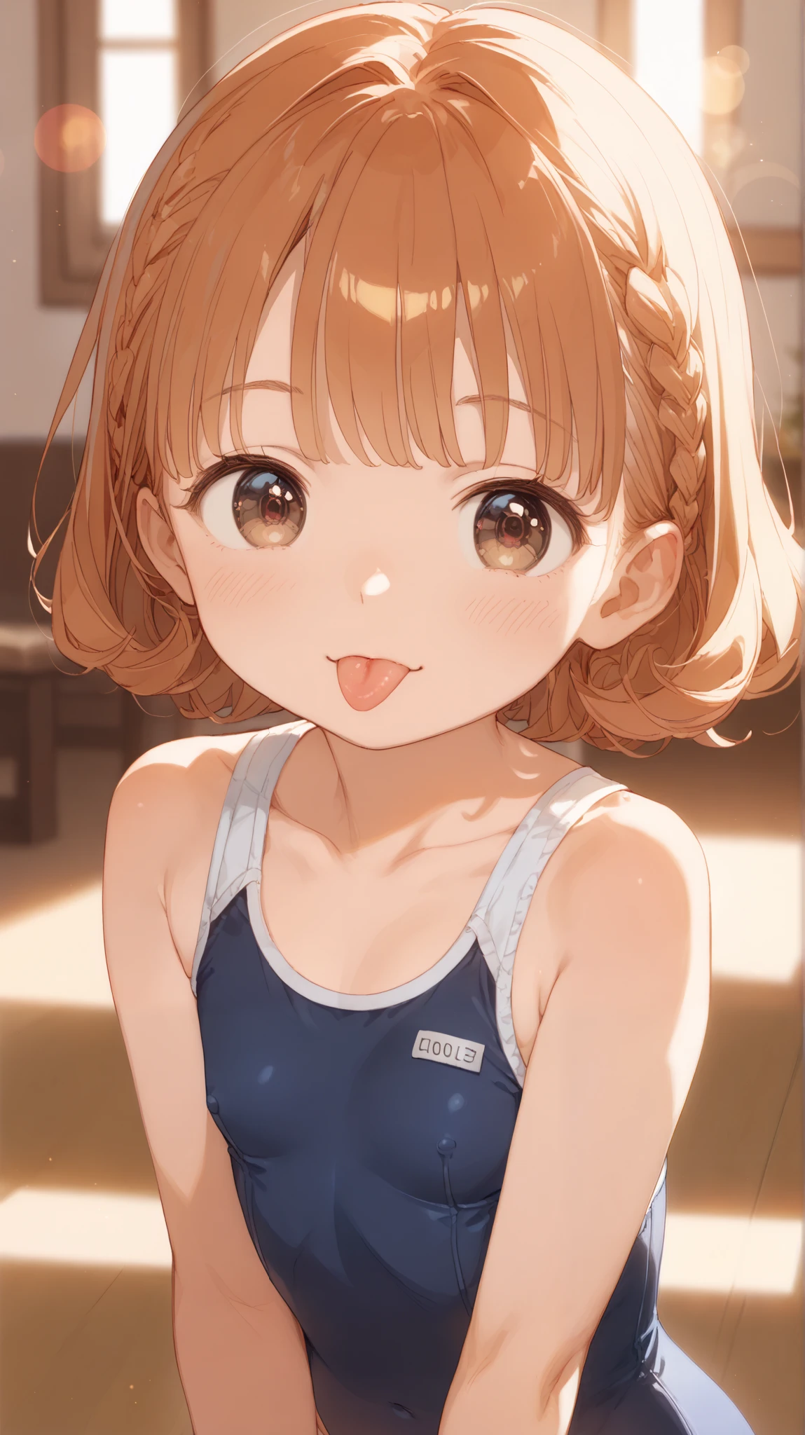 masterpiece, Best Quality, 8k, s, , of S, Award-winning portrait, Alone, はにかん舌をOf S,、Of S,、stick out your tongue、S、, neon, idol bending over, Biolacea, Gardenias, Delicate Girl, upper body, DSLR, watching viewers, 、Thin arms, professional lighting, film grain, Color Difference, (detailed eyes and face:1.0), (Bokeh:1.1)、 school swimsuit )))、software:1.5)))、