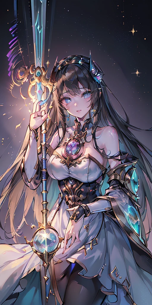 figure of breathtaking beauty and mystical allure, exuding an aura of ancient power and serene grace. Standing tall and statuesque, she possesses a slender yet curvaceous physique that speaks of both strength and elegance. Her features are delicately sculpted, with high cheekbones, a perfectly symmetrical face, and full lips that often curve into a knowing smile.
Her long hair cascades down her back in waves of shimmering silver, tinged with hues of deep purple and blue, giving it an ethereal quality. Strands of hair occasionally seem to drift weightlessly, as if caught in a perpetual unseen breeze, hinting at the magical energy that flows through her.
Lyra's eyes are her most striking feature. They gleam with an otherworldly radiance, their color shifting between shades of amethyst and sapphire, reflecting the vast depths of arcane knowledge she holds. They seem to hold the secrets of countless dimensions, drawing one into their depths with an almost hypnotic allure.
Her skin is flawless and porcelain pale, seemingly untouched by time or mortal concerns. Intricate patterns of glowing magical runes adorn her skin, tracing intricate designs that pulse softly with arcane power. These runes seem to dance and shift subtly, responding to her emotions and the flow of magical energy around her.
She dresses in attire that blends mystic symbols with modern elegance. Her outfit is form-fitting yet regal, crafted from fabrics that seem to shimmer with their own inner light. The garments are adorned with intricate embroidery and sigils that resonate with power, hinting at her status as a deity of magic.
Around her neck hangs a pendant of ancient design, a focal point of her magical abilities and a symbol of her connection to the cosmic forces she commands. It glows faintly with a steady, comforting light, imbued with protective enchantments and ancient wisdom.
When she moves, it is with a fluid grace that seems almost unearthly. Each step carries a quiet confidence, a sil