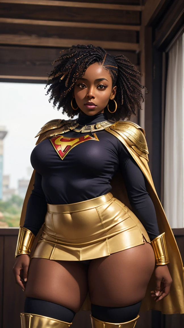 A black woman with gigantic tits and curly hair. She is standing on the top of a building at night. She is wearing a purple and gold superhero costume, but it is torn in various places that expose her tits and pussy. She has a blonde white woman next to her and she is wearing a super slutty light blue and white superhero costume that is transparent