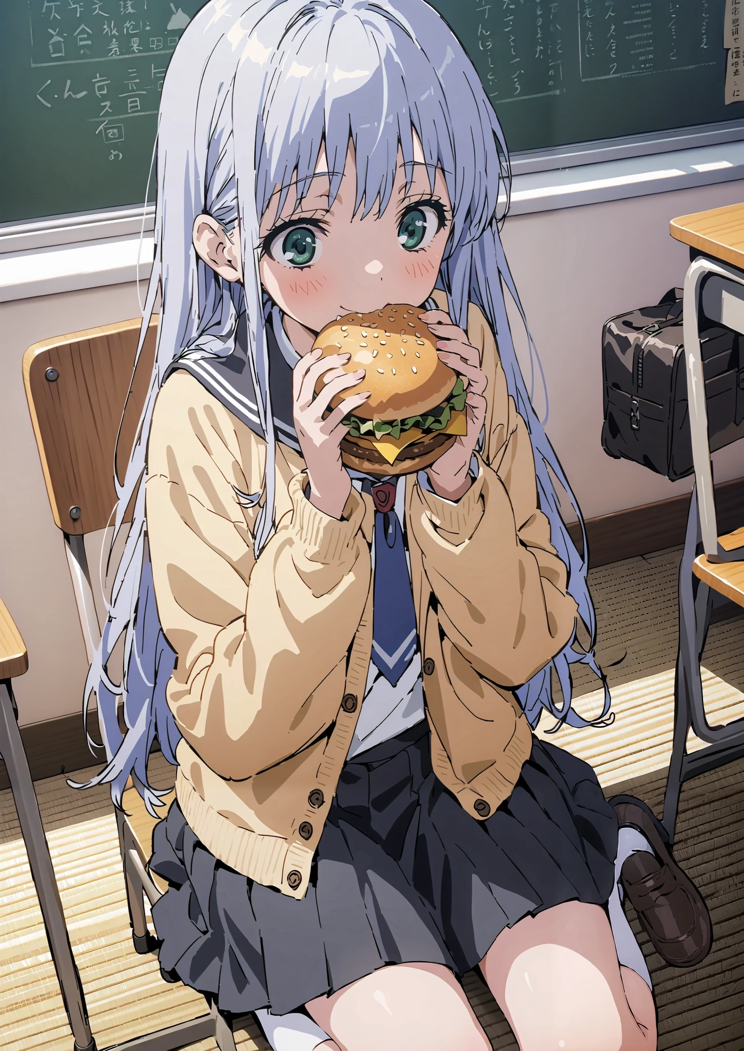 Prohibited bibliography, both eyes, Silver Hair, long hair, smile,blushes,Black sailor suit, yellow cardigan ,black pleated skirt,white high socks,loafers,chairsに座っている, holding a hamburger with both hands,eating hamburger,noon,machine, blackboard ,chairs,full bodyがイラストに入るように,break indoors,classroom,
full body,
break (masterpiece:1.2),top quality , kampala, Unity 8K Wallpaper ,(shape:0.8),It's a person ,full body写真,CG Details , (perfect hands,complete anatomy),