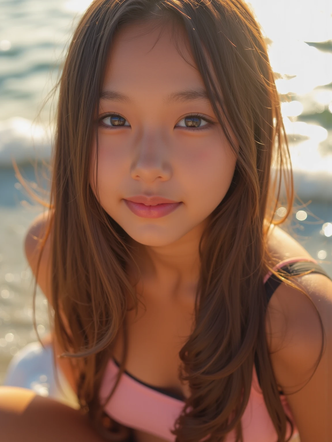long pigtails [rubio:golden-rubio:.2] Hair, (Best Quality), (Realistic raw photos:1.2), (Beautiful 14 year old Japanese girl.), (Mesa),
Pretty lips, (Young muscular body),
front lighting,
pity,
(Floral Ruffle Bikini),
On the beach at sunset,