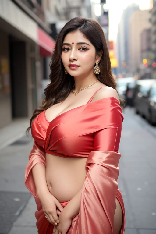 sexy indian wearing saree sky scrapper city view smiling, UHD, masterpiece, high details, best quality, 16k