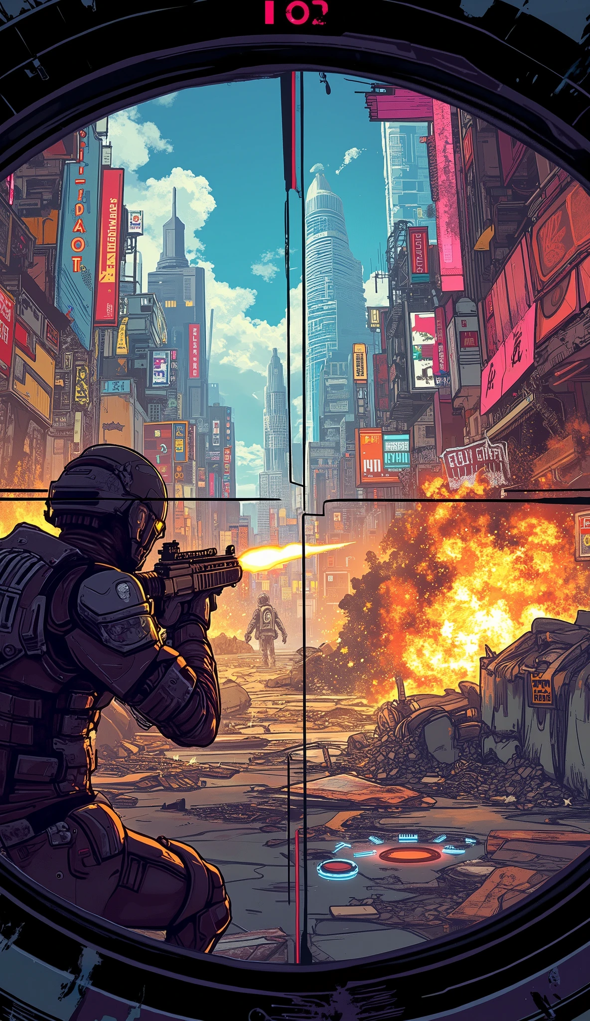 (masterpiece:1.2, excellent quality,Mirror Finish , MOVIE EXPERIENCE , best illustration:2.0,Super Detail),8k,16k,wallpaper,(cyberpunkの銃撃戦),(cyberpunk:2.0),(Near Future City:2.0),(CHAOS FIGHT WITH SCIENTIFIC RIFLESCOPE),(ライフルスコープからは廃墟となったカラフルでディストピア的なcyberpunk都市が見えている),(Chaotic footage of a fierce shootout with cyber-enhanced mercenaries),(rifle scope shows ammo count and target lock indicators and digital overlays),(COMIC STYLE EFFECTS),(FIRST PERSON PERSPECTION OF EXPLOSIONS AND BULLETS CROSSING THE BATTLEFIELD),(The riflescope shows a colorful, dystopian cyberpunk city in ruins)