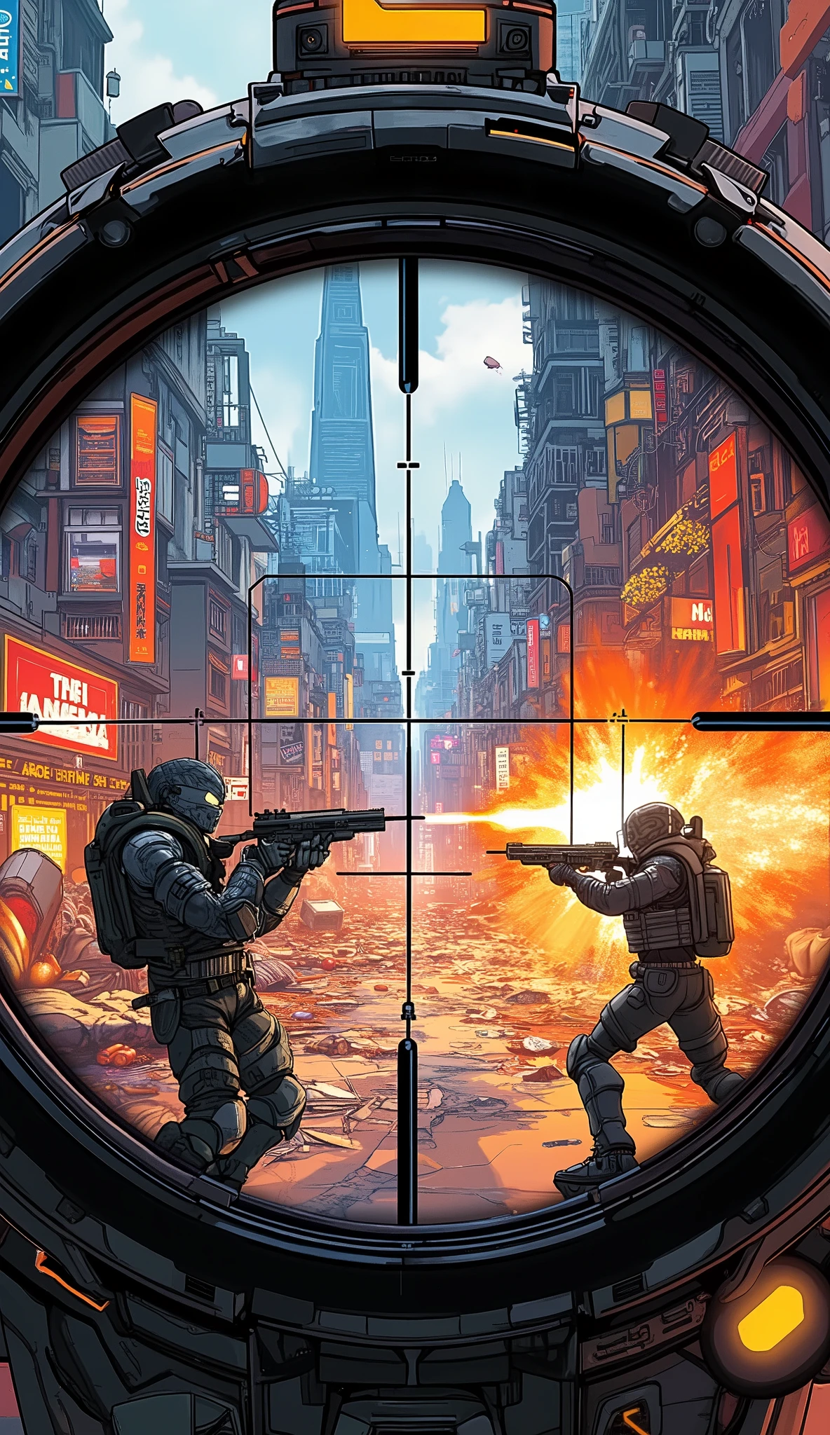 (masterpiece:1.2, excellent quality,Mirror Finish , MOVIE EXPERIENCE , best illustration:2.0,Super Detail),8k,16k,wallpaper,(cyberpunkの銃撃戦),(cyberpunk:2.0),(Near Future City:2.0),(CHAOS FIGHT WITH SCIENTIFIC RIFLESCOPE),(ライフルスコープからは廃墟となったカラフルでディストピア的なcyberpunk都市が見えている),(Chaotic footage of a fierce shootout with cyber-enhanced mercenaries),(rifle scope shows ammo count and target lock indicators and digital overlays),(COMIC STYLE EFFECTS),(FIRST PERSON PERSPECTION OF EXPLOSIONS AND BULLETS CROSSING THE BATTLEFIELD),(The riflescope shows a colorful, dystopian cyberpunk city in ruins)