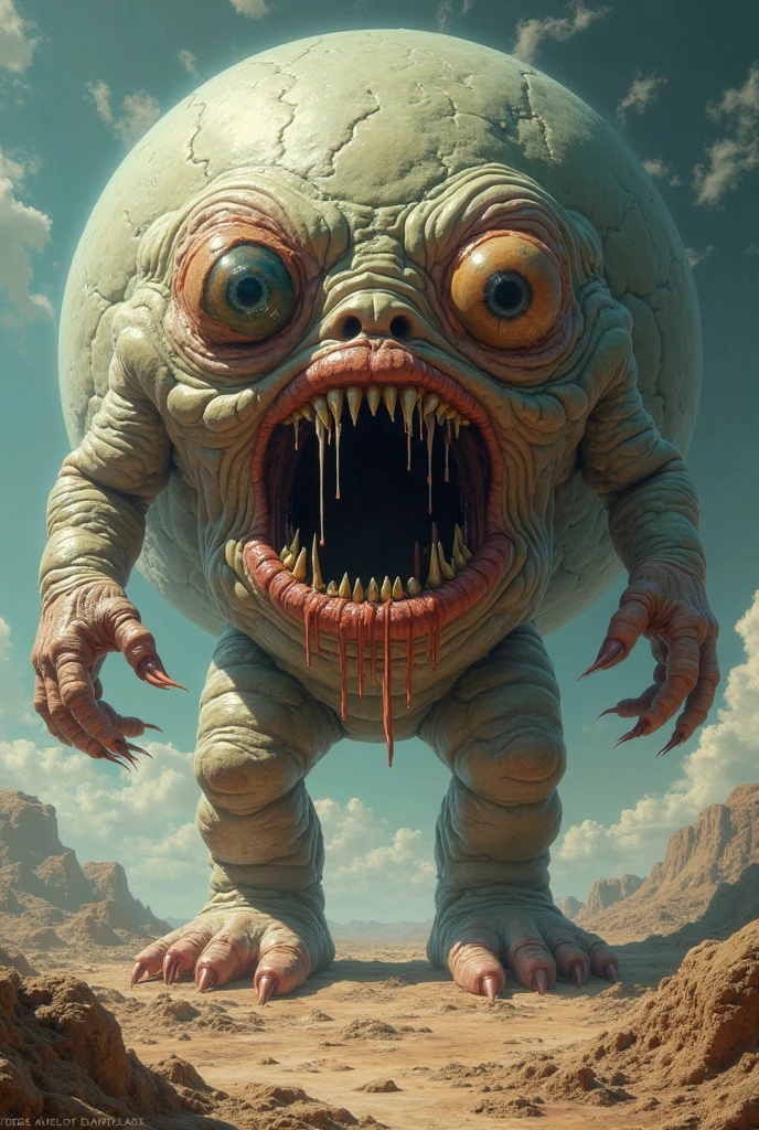 Best image quality, masterpiece, multiple human faces on a single round creature, infatuated expression, sewage treatment plant background, detailed skin expression, detailed image texture, brutal, grotesque, horror, eerie atmosphere, (not AI image), cloudy weather