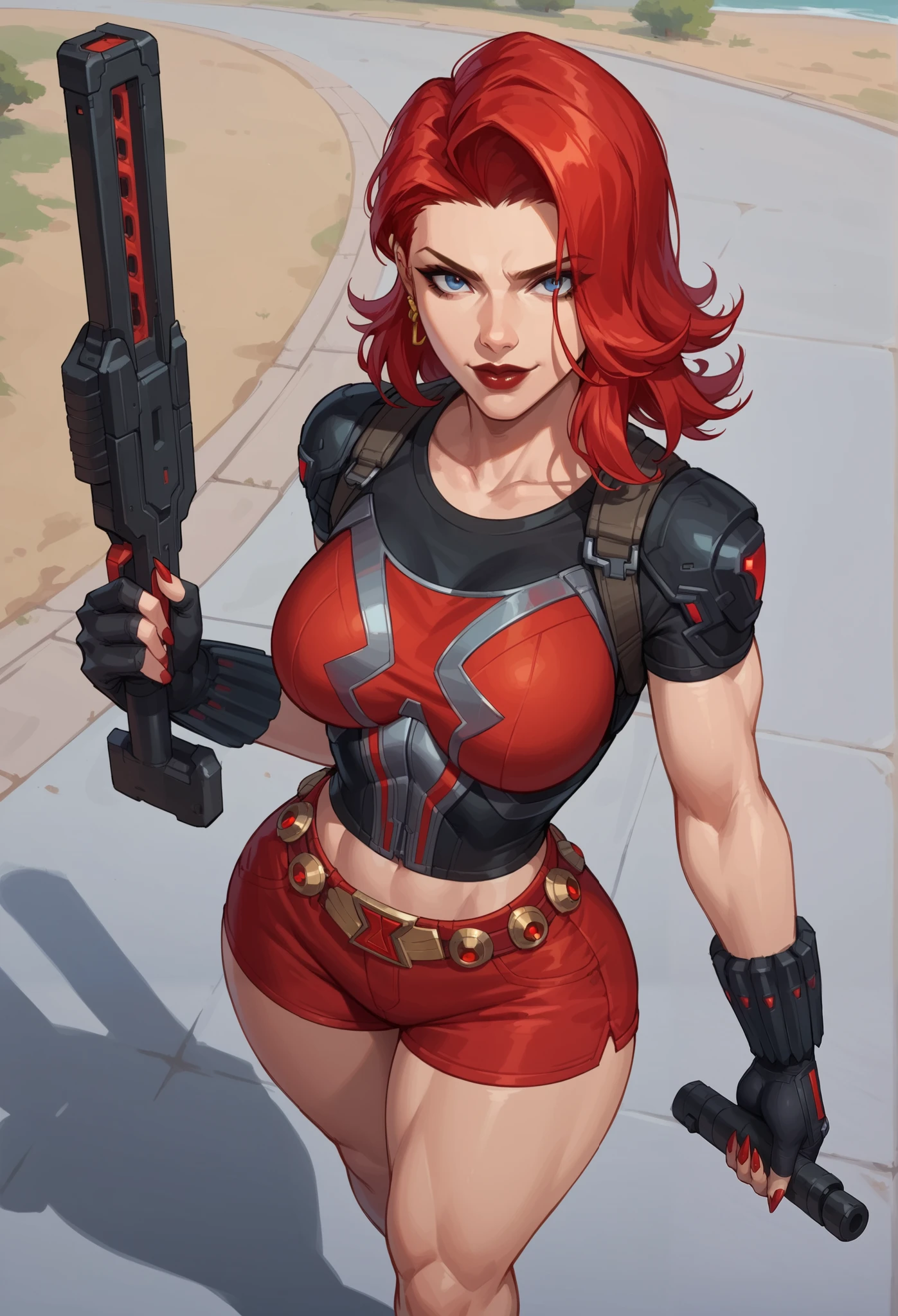 score_9, score_8_above, score_7_above, score_6_above, Expressiveh, Black Widow_Rivals , 1 , alone, beautiful, perfect tall face , long red hair, asymmetric hair , dark red lips, adjust, thin, thin waist, smile, (thick thighs), ( muscular thighs :0.5), wide hips, , black t-shirt, red bra, red shorts short, thin, thin waist, smile, (thick thighs) , holding weapons