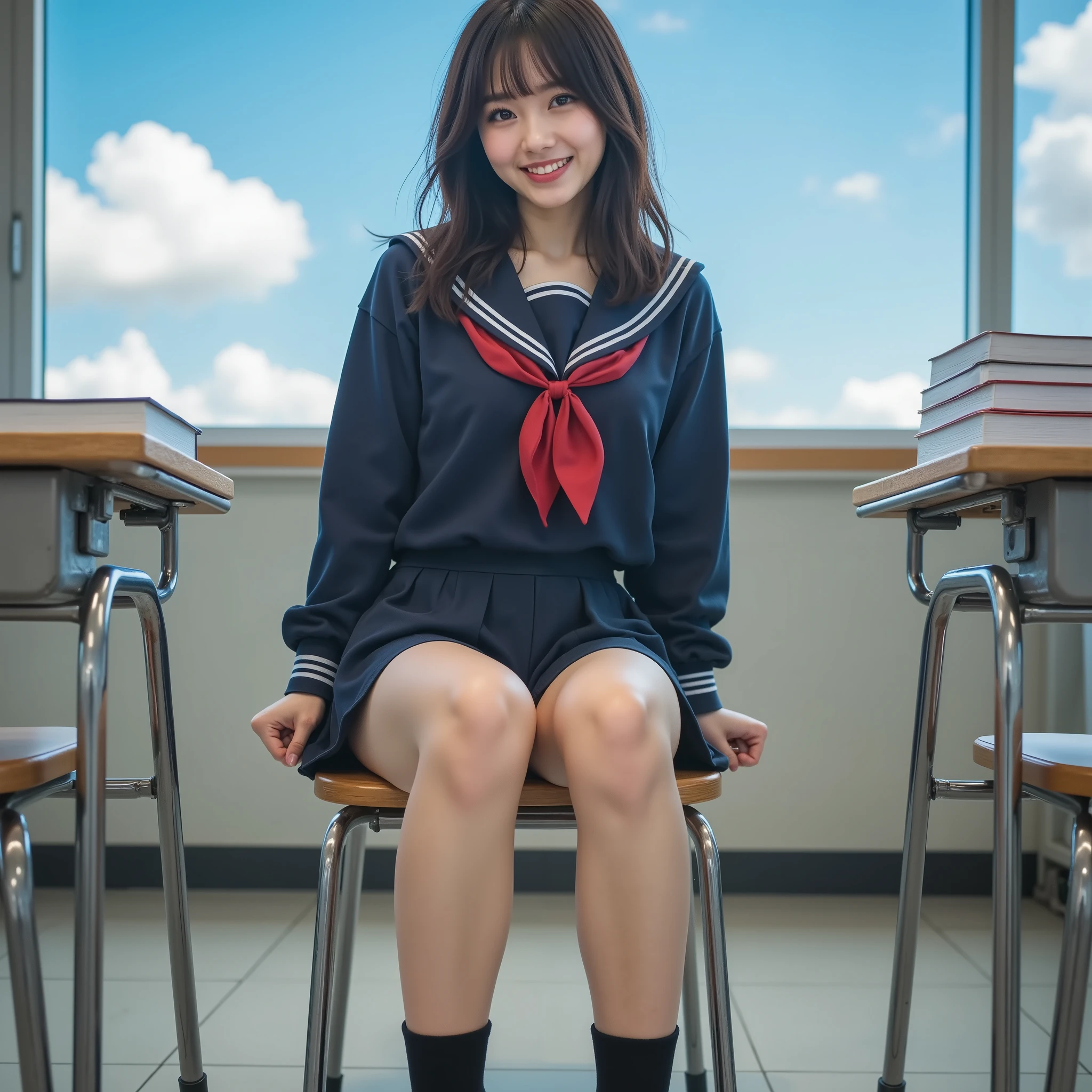 『1人の日本人の:1.3』『リアルフォト:1.3』最高品質:1.2、((大きな胸))、胸の谷間が少し見える、((若い20歳の女性))、『歯を見せて笑っている:1.9』、(((解剖学的に正しい、完璧な解剖学、解剖学的に正しい指)))、スレンダーな体,現実的, 最高品質, 超高解像度, RAW フォト, (くびれのある体)、フルボディ,アイドルのような容姿と笑顔、フルボディ,青い空,背景は教室,日本の高校の長袖のセーラー服.上下とも紺.リボンは紅色,スカートはミニのプリーツスカート,黒のソックス,上履き,アングルは机の下から,足を開き気味で座っているのでパンツが見えそう,机に教科書.ノート.筆箱,勉強中