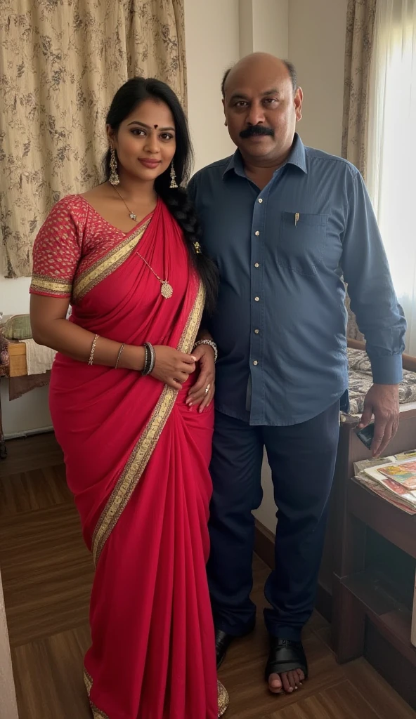 Photoshoot frame picture of an Indian couple, husband and wife, old aged husband, old aged fat wife, fat, wearing traditional Indian clothes, ultra realistic, perfect face, perfect features, perfect eyes, smiling while looking into the camera
