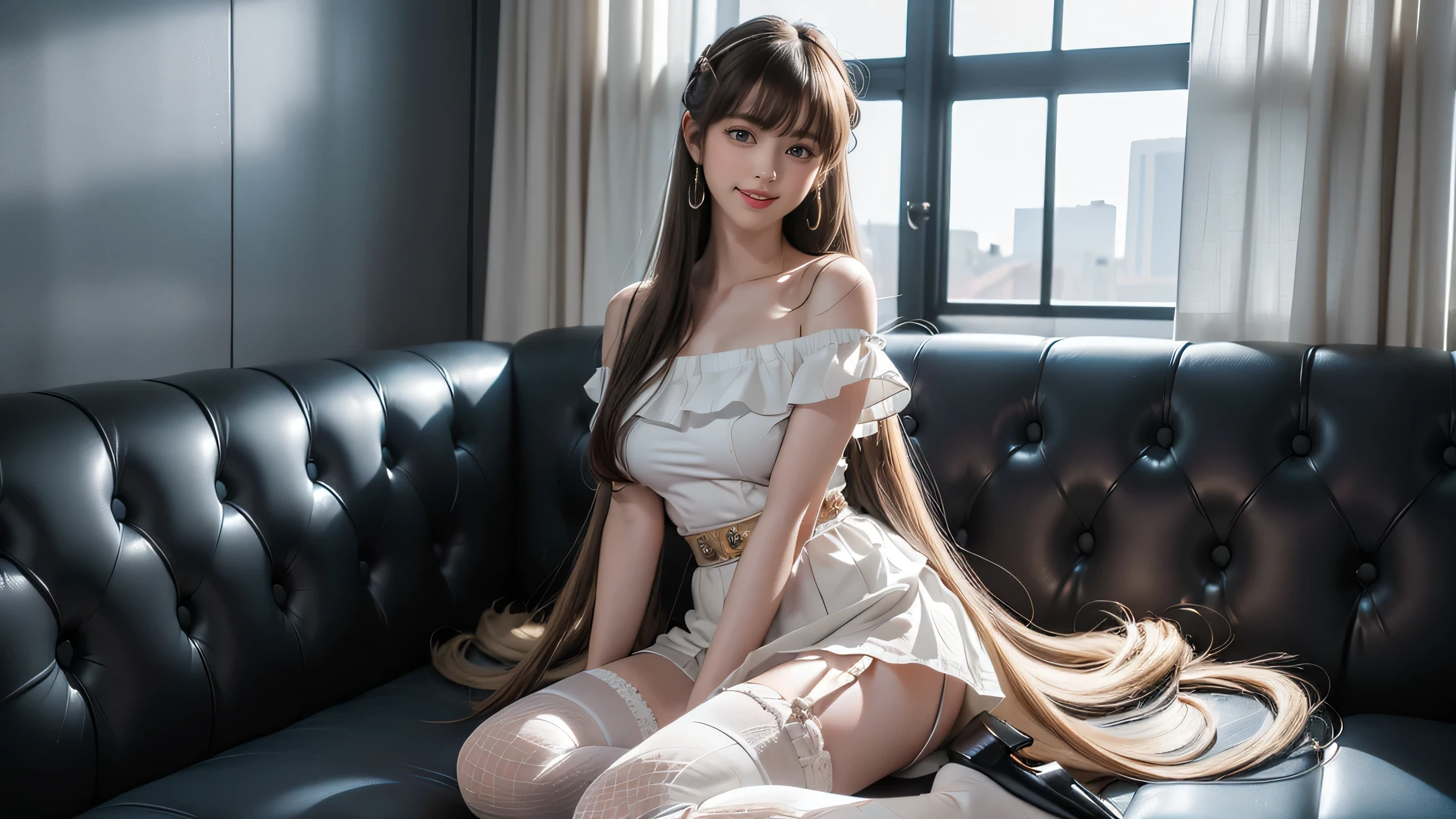 (Highly detailed CG unity 8k wallpaper), (Masterpiece), (Highest quality), (Portrait), (Highest illustration), (Highest shadow), (Realistic:1.4), 1girl on street, Kpop idol, ((Very over Size sweater, button sweater, open sweater), (gray hair: 1.1), collarbone, (middle chest: 1.3), viewer, smile, full body, (latex clothes, latex stockings, coquettish smile, clothes smooth texture) ,{latex swimsuit},