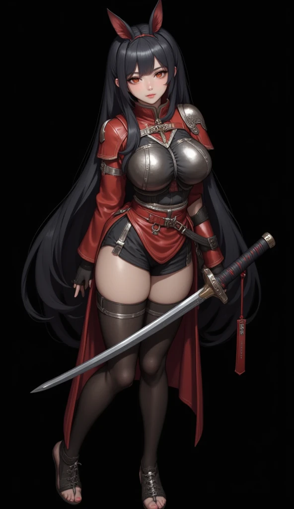full body, Standing, Princess Zelda as Shinobi, costume all black with gold stripes, she has large breasts, (short black hair), ((wearing Oni mask on her face)), cut scar over right eye, (green eyes), a katana attached to her waist, blood all over her clothes, In a macabre ancient temple with a very heavy rain with a full moon in the sky, Anime, masterpiece, 16k, award winning, best quality, high details, UHD, masterpiece, anatomically correct