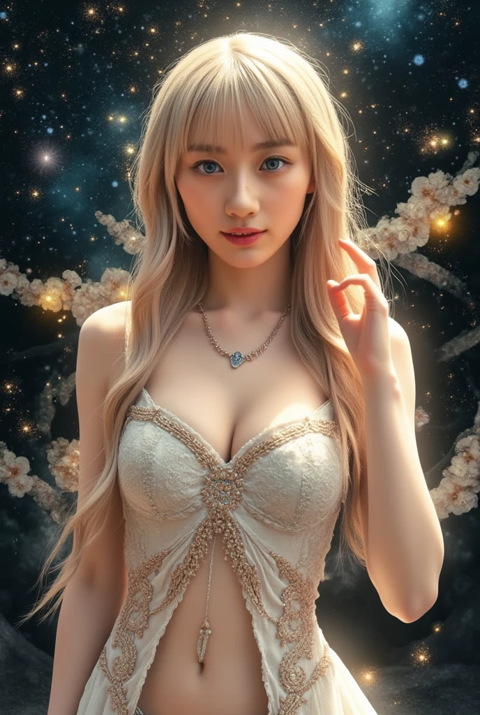 masterpiece,Highest image quality,Super details,best quality ,extremely delicate and beautiful, Very detailed,best quality, official art, Extremely detailed CG unified 8k wallpaper, Huang Li, File size is huge , super detailed, The best look,high resolution ,海边beach摄影,beach,positive focus bodyesbian;1.5,big watery eyes,Macaron color system,blonde hair, blue eyes,The sexiest look,Beautiful dreamcatcher earrings,charming smile,Blushed,Beautiful udder,Perfect chest shape,Snow-white breasts,(reality、Radiant skin),(Bright Eyes),Upper body,(night sky,Milky Way,starry sky,),Ultra thin,translucent,(Thick, tidy hair),Kazlan opened his eyes wide.,美丽的Red婚纱,(Wedding dresses in various colors,Black,Kaneko,Red,blue,purple,pink,)