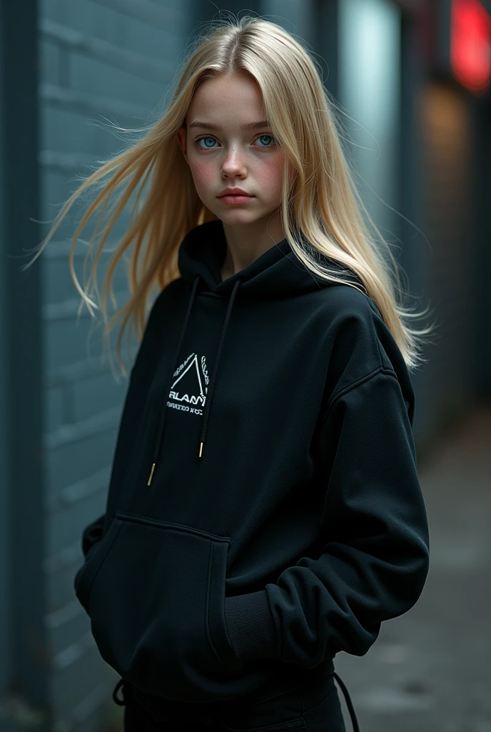 Realistic brown-eyed blonde girl in black sweatshirt posing for a photo inside the room beautiful face Italian blonde Galician angelic face realistic 