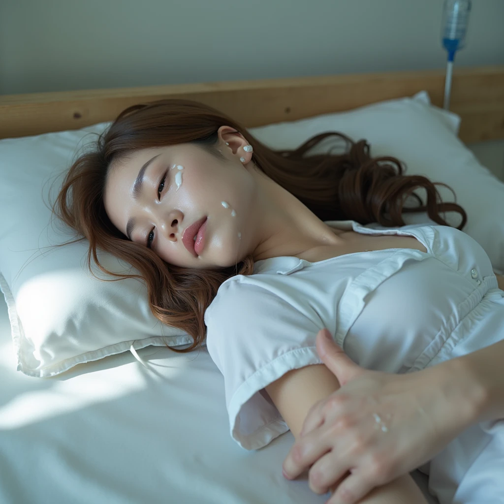A pretty Japanese stewardess is laying unconscious on the bed, sleeping, eyes close, do not smile, cum on head, a lot of cum on face, cum on cheek,
