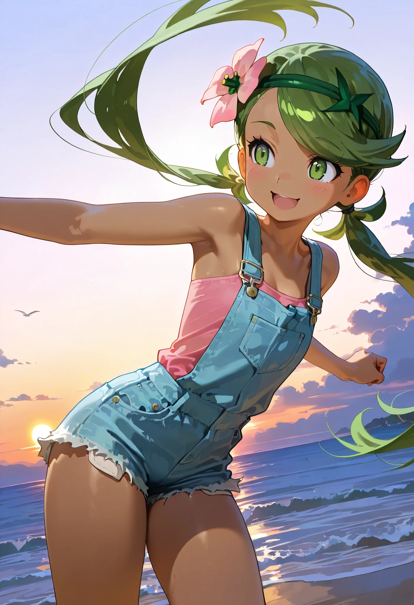 high resolution picture, masterpiece, best quality, amazing,mallow, 1girl, solo, green eyes, green hair, long hair, low twintails, swept bangs, dark skin, dark-skinned female, green hairband, hair ornament, hair flower, pink flower,
pink shirt, bare shoulders, sleeveless, overalls, shorts, dynamic angle,dynamic pose,open mouth,
smile,closed mouth,cowboy shot,outdoor,wave,
(insanely detailed, beautiful detailed face, masterpiece, best quality) cinematic lighting,