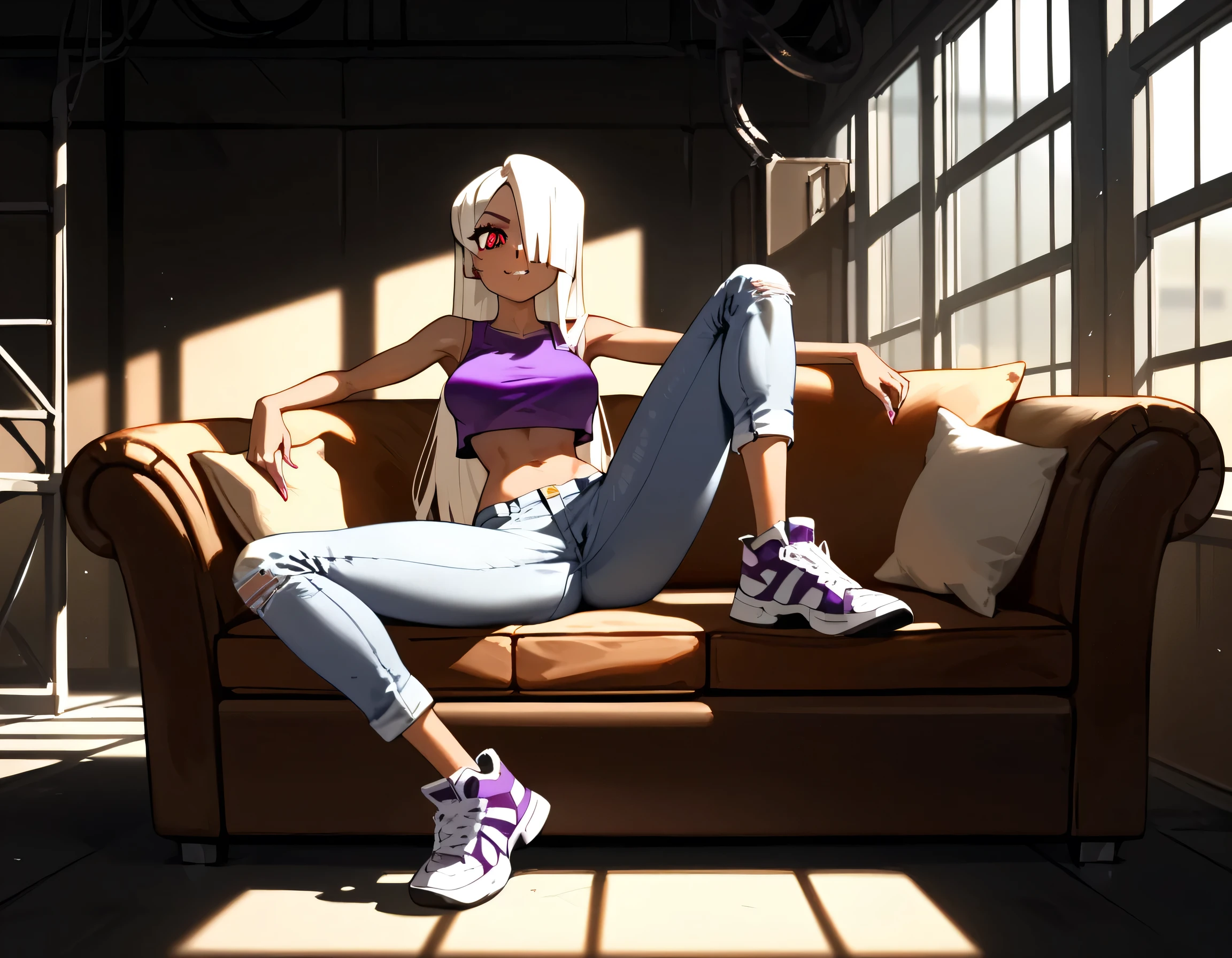 masterpiece, 4k, details, extreme details, high resolution , skullgirl art style , 1 woman , brown skin , white long hair, red eyes, hair cover one eye , mischievous face , purple cropped top , flared jeans , widen at the bottom pants, long legs , sneakers, relaxed arms , set on sofa , spread legs , abandoned factory