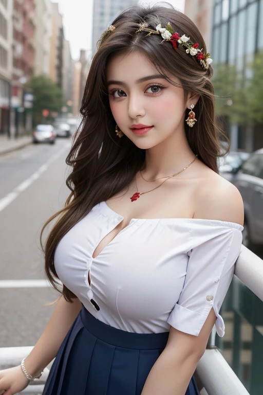 highest quality、Natural Lip、Fair skin、Great light、Beautiful lighting、((Straight hair))、((ponytail))、((Black Hair))、Blunt bangs、Off the shoulder、Big Breasts、Big Breastsの谷間、White crop top、mini skirt、Gorgeous Accessories、Harajuku at night、smile、かわいいsmile、Crowds in the city at night