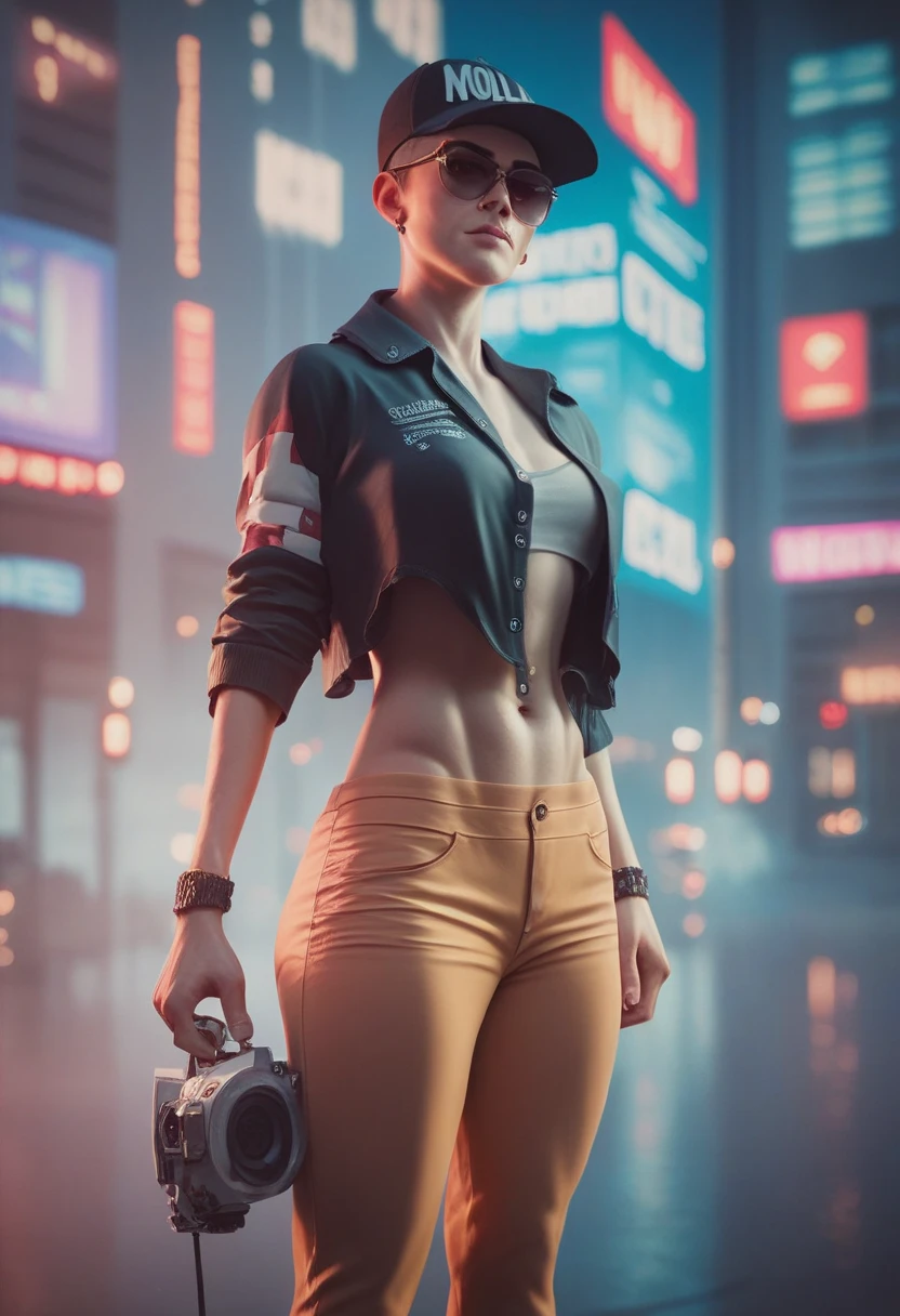 (8k, ARTISTIC photography, best quality, masterpiece: 1.2), (realistic, photorealistic: 1.37), over-detailed, (high-detail skin: 1.2), RAW, Ultra High Resolution, cybernetic biochemical cyberpunk, ((Anya Chalotra)) looking at the viewer, orange, (crop top:1. 8), (skinny, medium breasts, abs, toned body :1. 5), (underboob:1.2), (((perfect ???????))) , fine details, , pretty face, (mechanical parts:1. 5 complex, neotokyo, synthwave, aesthetics, ((standing outside in cyber punk city street)), stunning modern urban upscale environment, ultra realistic, concept art, elegant, highly detailed, intricate, sharp focus, depth of field, f/1. 8, 85mm, ((( orange harnes )), ((( minimalistic outfit))), ((( tech wear )))medium shot, mid shot, (centered image composition), (professionally color graded), ((bright soft diffused light)), volumetric fog, trending on instagram, trending on tumblr, hdr 4k, 8k,