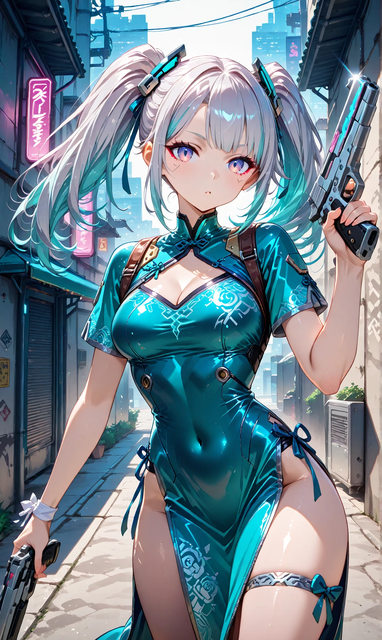 masterpiece、highest quality、Ultra-high resolution、Maximum resolution、Very detailed、Professional Lighting、anime、Adult female、thin、so beautiful、、China dress、He has a gun、Holding a handgun in both hands、Yellow Eyes、Blue Hair、Long Wavy Hair、Earrings、Fingerless gloves、Tactical Boots、Equipped with transparent orange sunglasses、Equipped with a chest rig、