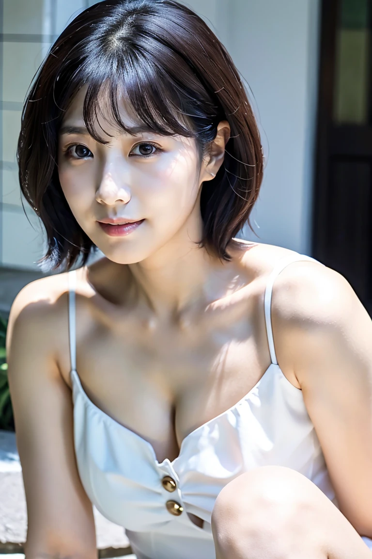 (8K、top-quality、​masterpiece:1.2)、(reallistic、photorealistic:1.2)（ultra-detailliert、hight resolution）(Slouched:1.3)、crouching down、(From  above:1.2)、(a closeup:1.4)、（Cut and sewn with loose chest area）Black business suit、OL、insurance sales girl、Smirk,Alafed Girl, chiho, iwakura lain, a closeupiwakura lain, With short hair, Shiori Teshirogi, Kotegawa Yui, short-cut, She is 40 years old, sui ishida with black hair, lain iwakura, Beautiful woman - well-groomed face, Clear pubic contours,(Small breasts), hight resolution, ighly detailed, top-quality, [​masterpiece:1.6],, ighly detailed, nffsw, finely detail, top-quality, , Cinematographic lighting, 1womanl、beautiful japanese female、perfect body type、, Beautiful big eyes with sexy drooping eyes、Transcendent beauty　top-quality、​masterpiece、majicMIX Real、(Raw photography:1.2)、(photorealistic:1.4)、s Office、　Negative Prompt