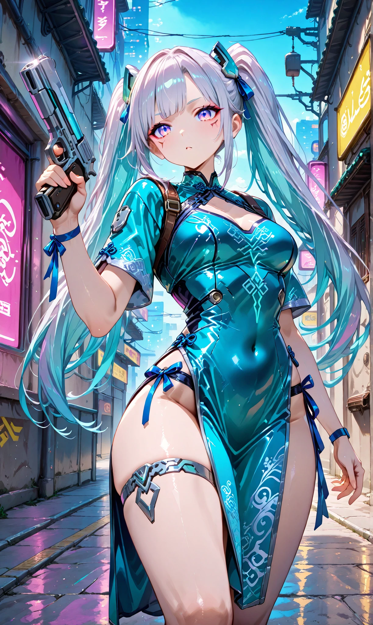 (Perfect Anatomy)、masterpiece、super high quality、 8K、Realistic、masterpiece、Highest quality、Ultra-high resolution、Maximum resolution、Very detailed、Professional Lighting、anime、Adult female、thin、so beautiful、Very detailedな目、Draw the whole body、China dress、he has a gun、Holding a handgun in both hands、Yellow Eyes、Blue Hair、Long Wavy Hair、Earrings、Fingerless gloves、Tactical Boots、Equipped with transparent orange sunglasses、Equipped with a chest rig、Fearless Smile