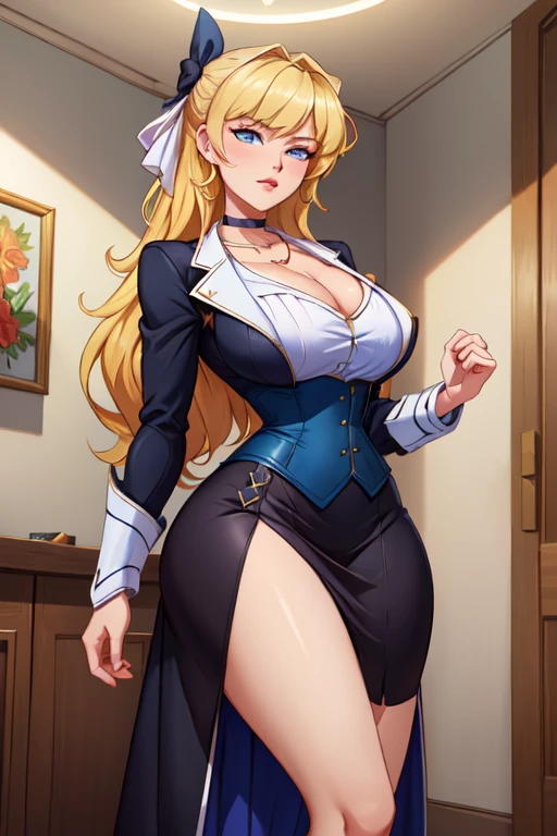 high quality fingers, normal hands, detailed fingers, masterpiece, (realistic, photo-realistic:1.37), (full body:1.5), High-end editorial-style photoshoot highlighting the beauty of a woman with blonde hair and bright blue eyes, dressed in a chic red and black corset, thin waist, seductive smile, large tits, perfect body, perfect face, (full body:1.5), set within the refined atmosphere of a Victorian ballroom. Stylish, elaborate jewelry made with expensive gems.