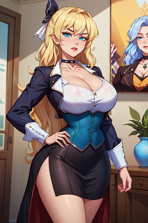 score_9, score_8_up, score_7_up, score_6_up, score_5_up, score_4_up, (solo), female anthro hyena, cop suit, skirt, lusty, fluffy body, long blond hair, turquoise eyes, (thick thighs:1.5)((( offering the breasts))) sex partial clothes, (((cleavage))) semi-butonned uniform niform, (barely_visible_booba) (she is standing) , giant breasts, garter belt tights 