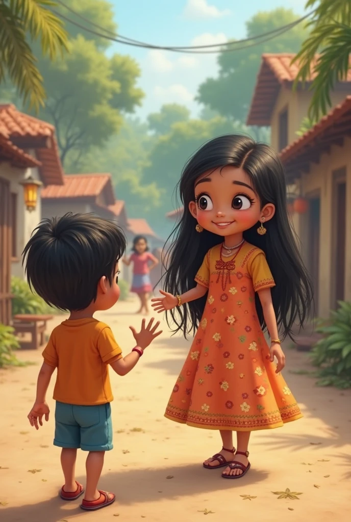 An Indian girl whose name is Shreya is very beautiful, she is 2, she is wearing a red frock, Indian country and she studies in an Indian university, she is going in the garden of the university and a handsome boy is coming behind her, like her boyfriend, that girl is wearing a black shirt and khaki coloured pants, that girl is 2 