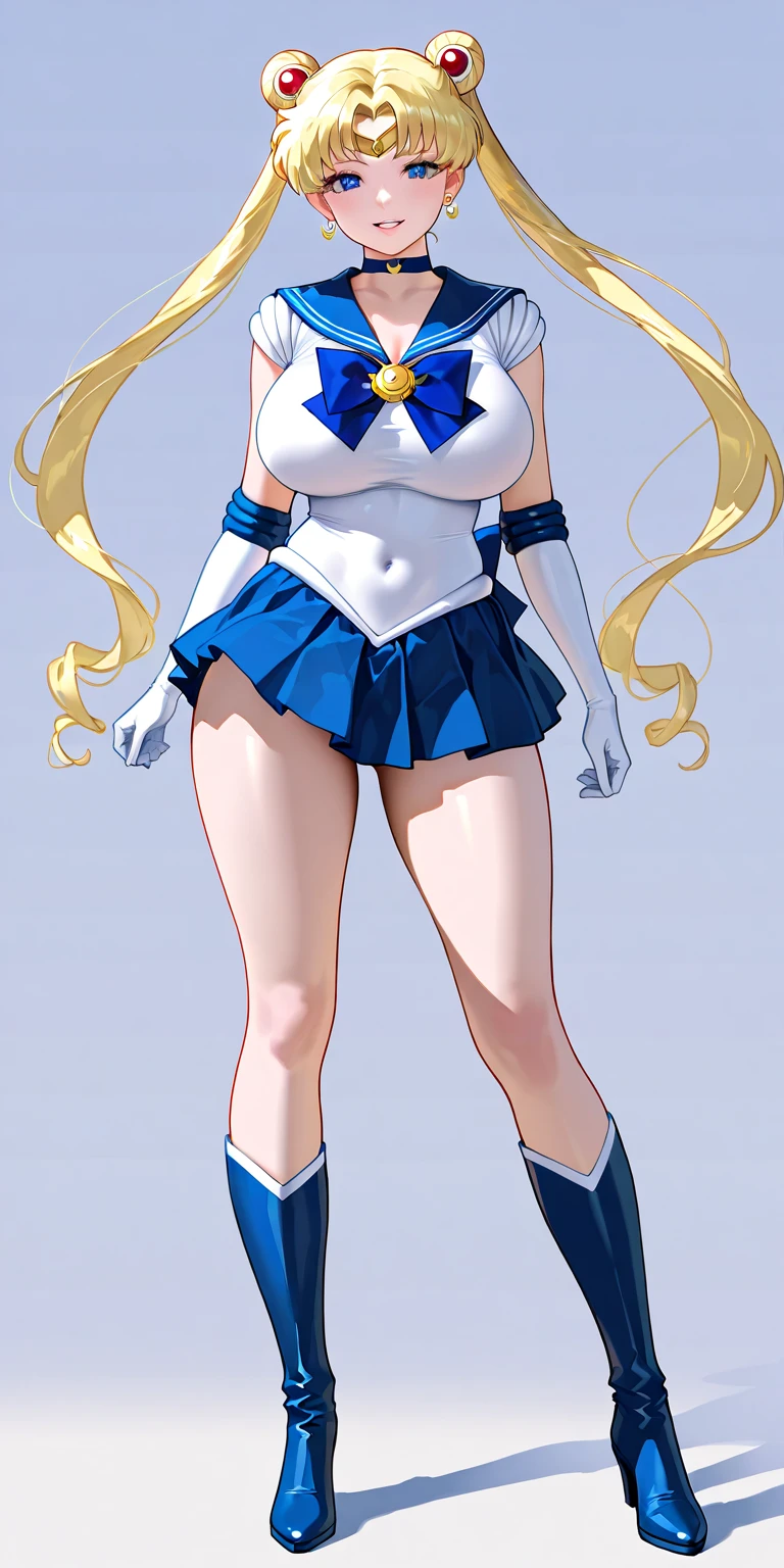 masterpiece, best quality, absurdres, perfect antomy, 1girl, solo, SMMoon, 1990s \(style\), blonde sailor moon, standing, smile, cowboy shot, sailor senshi uniform, sailor collar, blue skirt, ultra mini skirt, ( FULL BODY),(((,barefoot))), 5 toes, black toe nails, Focus full body, tied ankles together, tied arms, solo, on dungeon, sit on a chair