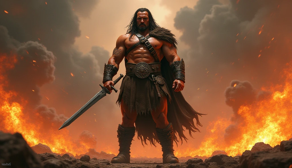 Full body, comic art, 8k, masive musculart full body, body full of veins in relief, splash effect, exuberant samurai warrior, mysterious look, walking forward, furious expression, powerful, thunder, very detailed face, ponytail, rainnig, 8k, white bearskin on the shoulders, fitness body, six pack abs, biker boots, foreshortening in perspective, yonder hair, at cluttered and messy shack, action shot, action pose, profile angle, tattered torn shirt, swords hanging from the waist, an ax behind the back, tattoo on arm, golden armour, porcelain skin, long hair, big, skin pores, detailed intricate iris, heavy shadows, detailed, photo realistic, realistic, dramatic, . cinematic, wide angle. humid climate, photorealistic, heavenly beauty, style of laurie greasley, esad rbic, travis charest, yanick paquette, trending pixiv fanbox, vibrant colors, acrylic palette knife, deviantart, trending on artstation, low details, fire and brimstone background, 4 k, trending on artstation,