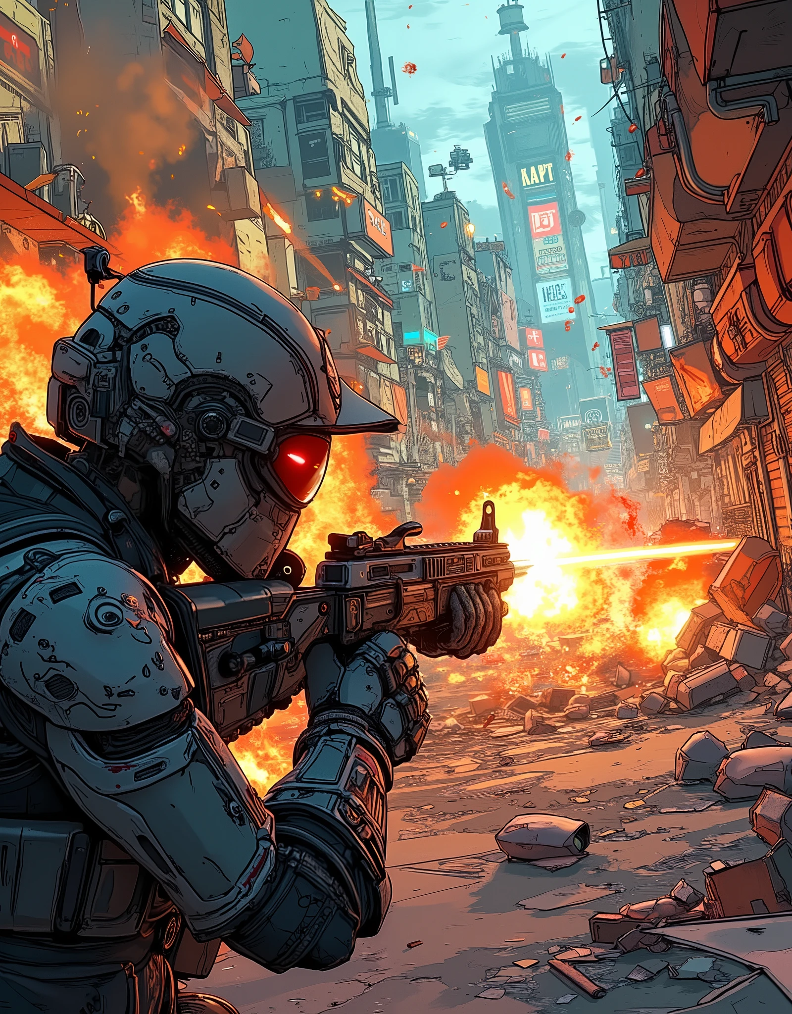 (masterpiece:1.2, excellent quality,Mirror Finish , MOVIE EXPERIENCE , best illustration:2.0,Super Detail),8k,16k,wallpaper,(cyberpunkの銃撃戦),(cyberpunk:2.0),(Near Future City:2.0),(first-person view),(背景は廃墟となったカラフルでディストピア的なcyberpunk都市が見えている),(Chaotic footage of a fierce shootout with cyber-enhanced mercenaries),(Show rifles),(COMIC STYLE EFFECTS),(FIRST PERSON PERSPECTION OF EXPLOSIONS AND BULLETS CROSSING THE BATTLEFIELD),(The riflescope shows a colorful, dystopian cyberpunk city in ruins)