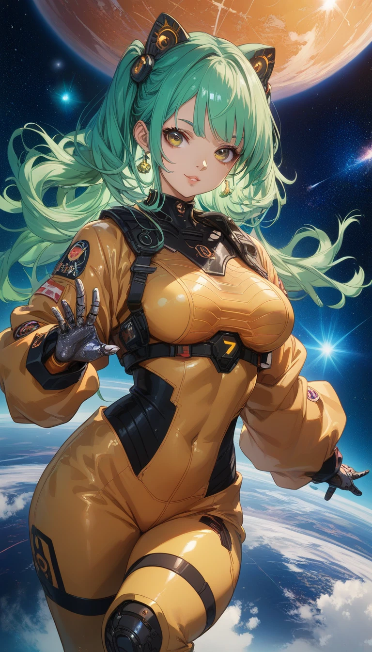 ((Best quality)), ((masterpiece)), (detailed: 1.4), Female fighter pilot defined muscular body, wearing a stewardess hat, half-thick bare thighs, closed mouth, only panties, muscular body parts covered by technological clothing, (((large breasts)) perfect, generous neckline, ((green and yellow clothing, dark blue arm with white stars)), Brazil, pastel, mohawk black short hair with yellow green locks, short underwear, garter belt, by mucha, niji --V5, close to real, best quality, almost naked, psychopathic, crazy face, inside an airplane cockpit, piloting, sexy pose, starry night background, 2 pieces outfit, star and lightning drawings on the arms, cyberpunk, dark green bra with white stars, stars covering the breasts, (((clothes with the colors of the Brazilian flag))), Pointed shoulder pads, Green eyes without pupils, HDR (High Dynamic Range),Ray Tracing,NVIDIA RTX,Super-Resolution,Unreal 5,Subsurface dispersion, PBR texture, Post-processing, Anisotropic filtering, Depth of field, Maximum clarity and sharpness, Multilayer textures, Albedo and specular maps, Surface shading, Accurate simulation of light-material interaction, Perfect proportions, Octane Render, Two-tone lighting, Wide aperture, Low ISO, White Balance, Rule of Thirds, 8K RAW, crysisnanosuit
