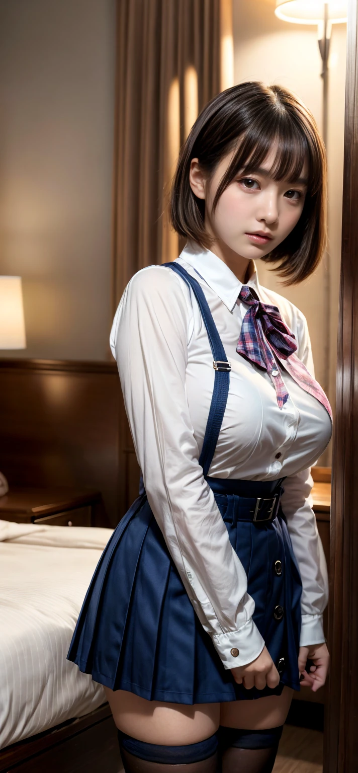 （8K、Raw photography、top-quality、​masterpiece：1.2),(Spread your legs wide,Open your legs wide),(Long bob cut),watching at viewers,Looking at the front,Bullish,Erotic,Pupils,Light Blue Bra,de pele branca,kne,(Black pantyhose),absurderes,a small face,Parting the bangs from the middle、Forehead visible,(be shy,Tight eyes,glares,Bullish,skinny,Rasping,irate)、​masterpiece,top-quality、超A high resolution,Raw panties,ren,Beautiful fece,One Person, 独奏,fullllbody、cute little、Back to Student,JK school uniform,hi-school girl,A Japanese Lady, Standing,（Photorealsitic：1.37）、Photon mapping,Realistic、Cute little face,Brown-eyed、Black socks、(Red bow tie)、Radio City、Physically Based Rendering、Foreground、depth of field rally background、a picture,girl with,beauty legs, Long legs, Thin leg,Tie your hair into one strand on your chest,(Bangs are visible), hair, s lips, Blue_The eye, nosesoft,(Light blue shirt), (Navy and blue and white plaid pleated skirt), Knees are visible,Sheer clothing,, Thigh, Black cotton socks,Nogizaka Idol, , Japanese ido、large full breasts、cleavage of the breast、Unbutton your shirt to reveal your chest、(Clearly visible detailed female pubic shape: 1.4), Masturbation Girl，fully body photo、skirt lift by yourself、super definition、lowfers、、、No bra、No bra、No pubic hair、Wet pubic area、school classrooms、Sit at your desk and spread your legs. Sagging knee-high stockings. Sagging knee-high socks.、park bench